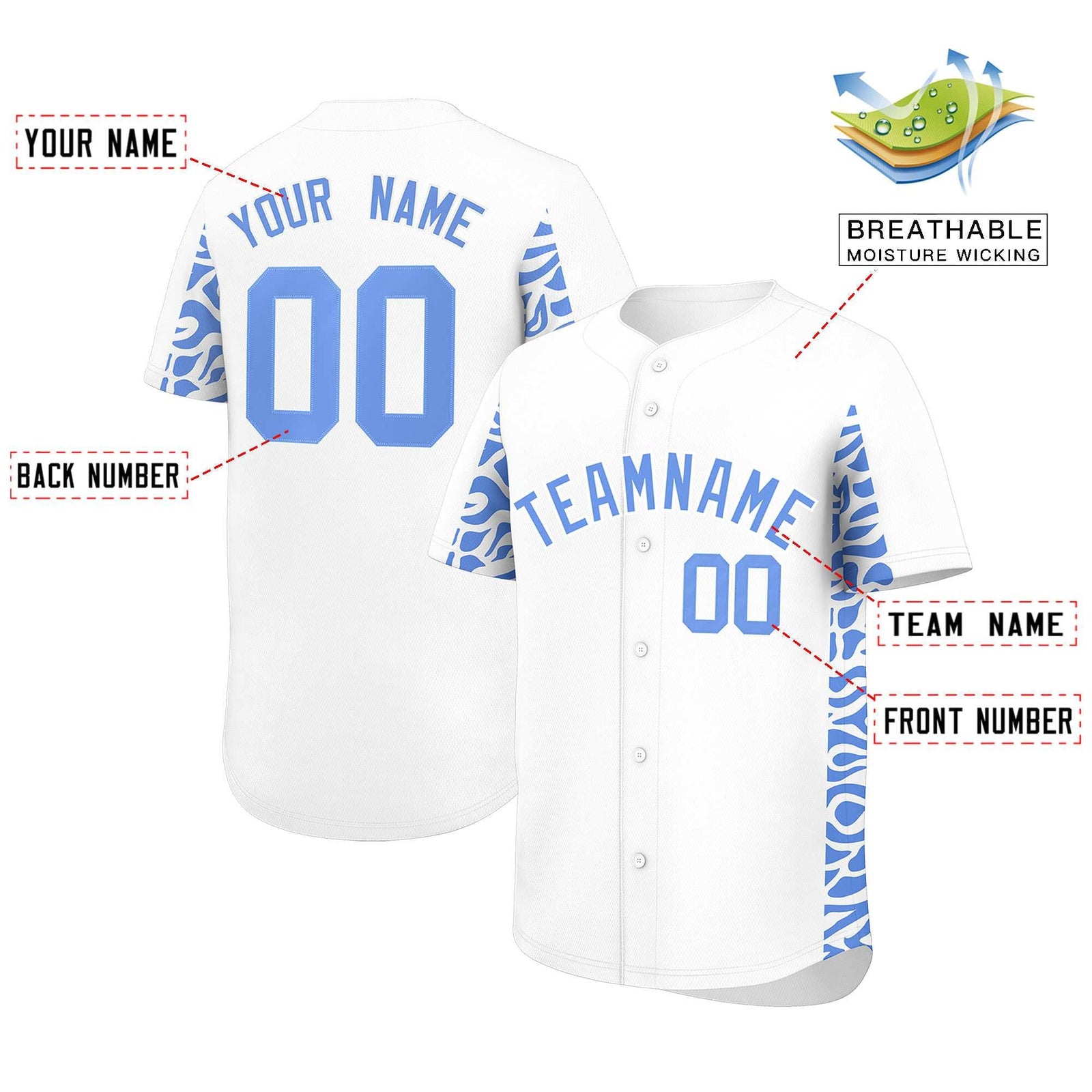 Custom White Powder Blue Personalized Leopard Graffiti Pattern Side Design Authentic Baseball Jersey