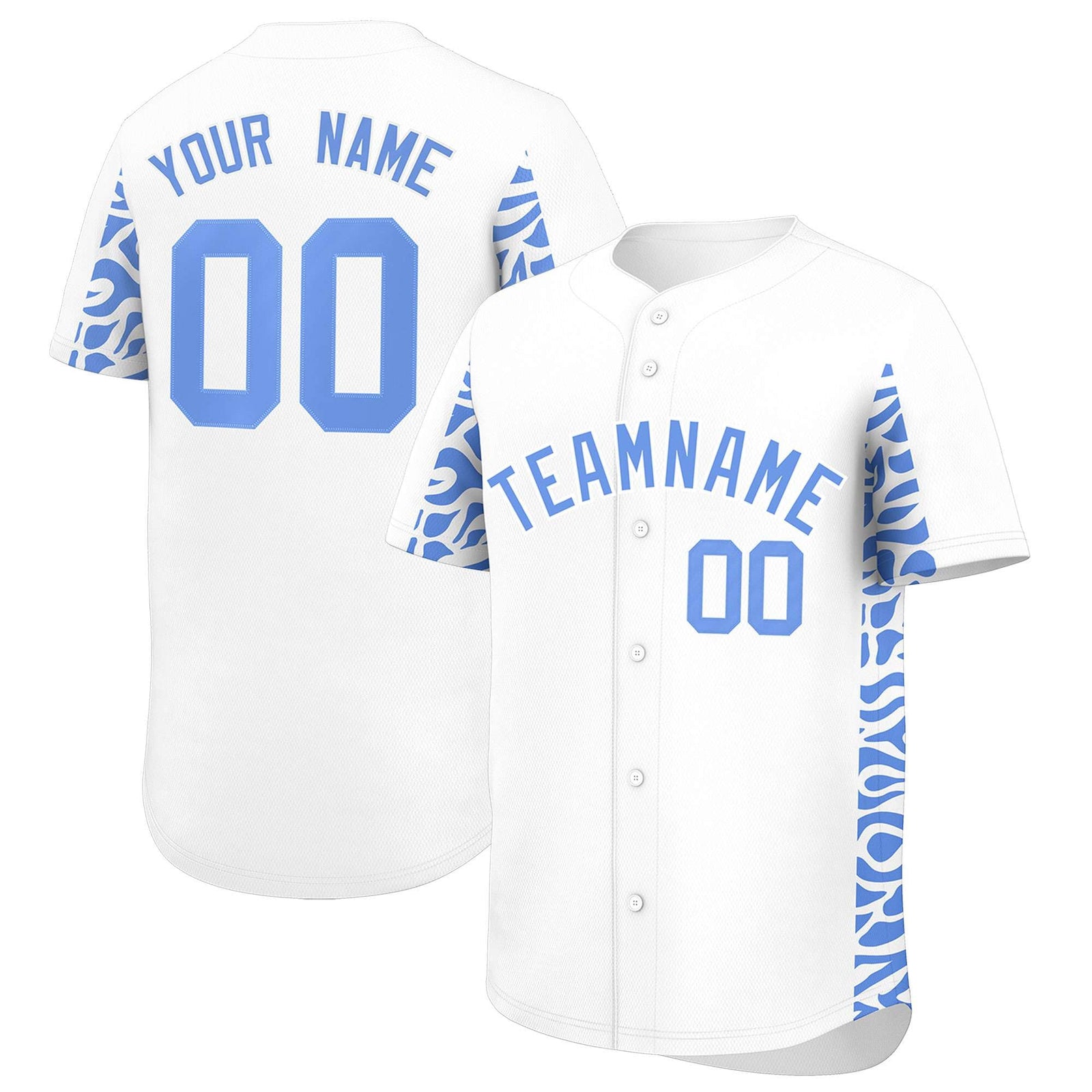 Custom White Powder Blue Personalized Leopard Graffiti Pattern Side Design Authentic Baseball Jersey
