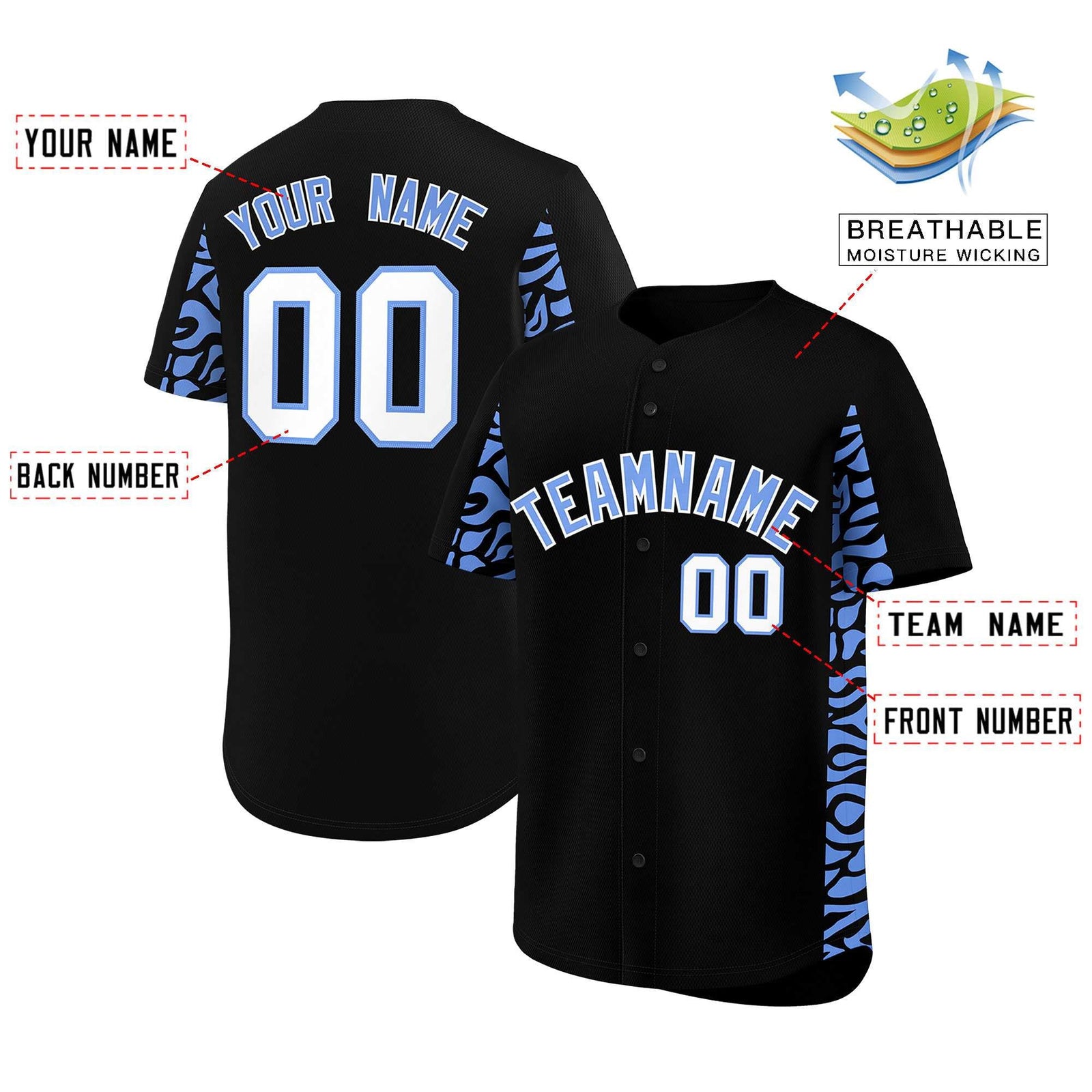 Custom Black Powder Blue Personalized Leopard Graffiti Pattern Side Design Authentic Baseball Jersey