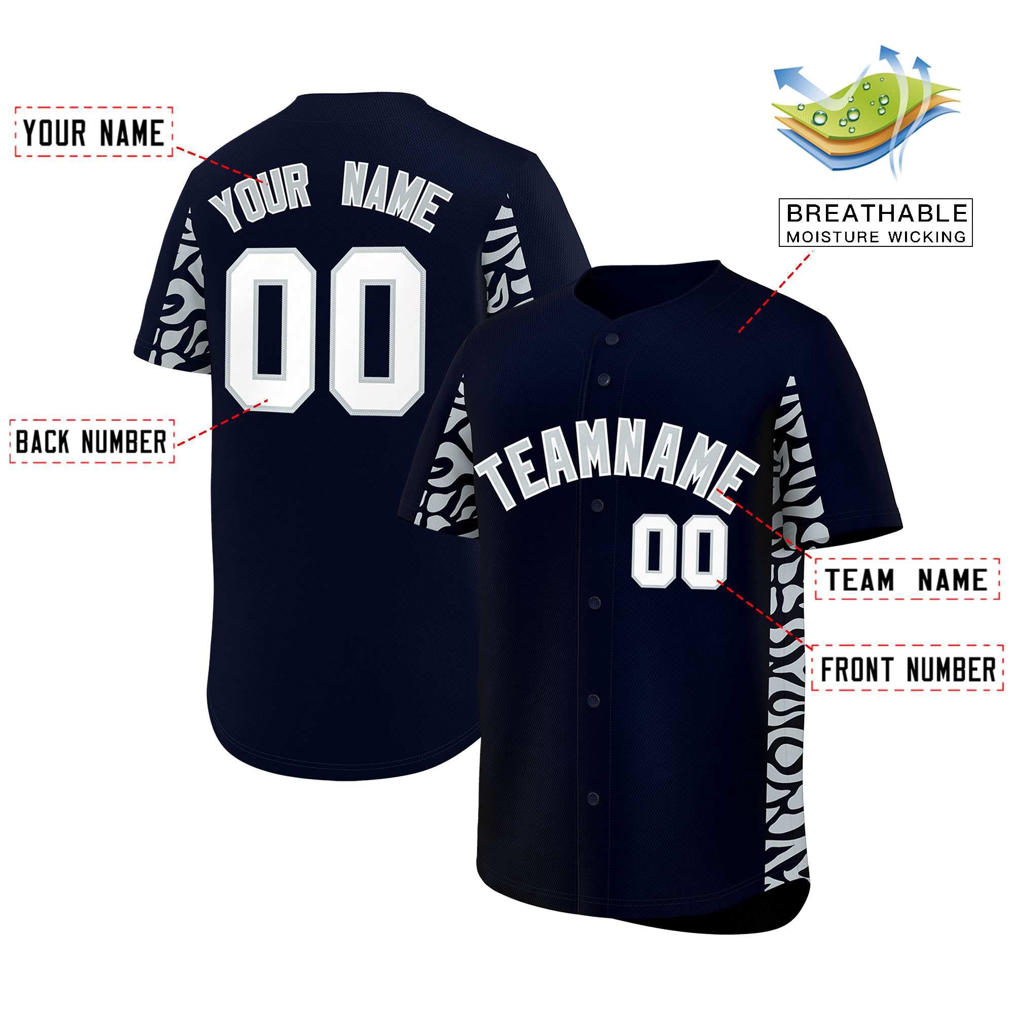 Custom Navy Silver Personalized Leopard Graffiti Pattern Side Design Authentic Baseball Jersey