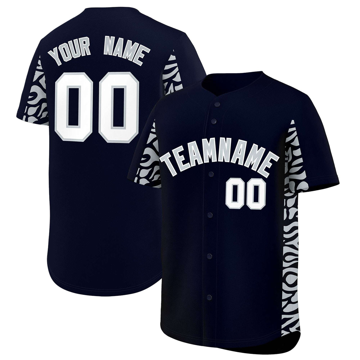 Custom Navy Silver Personalized Leopard Graffiti Pattern Side Design Authentic Baseball Jersey