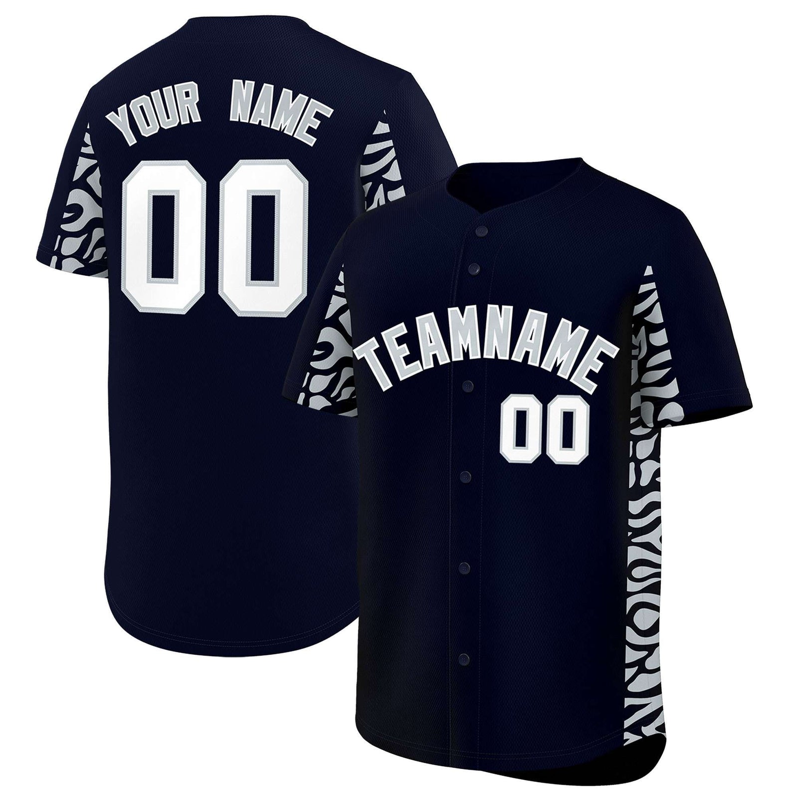 Custom Navy Silver Personalized Leopard Graffiti Pattern Side Design Authentic Baseball Jersey