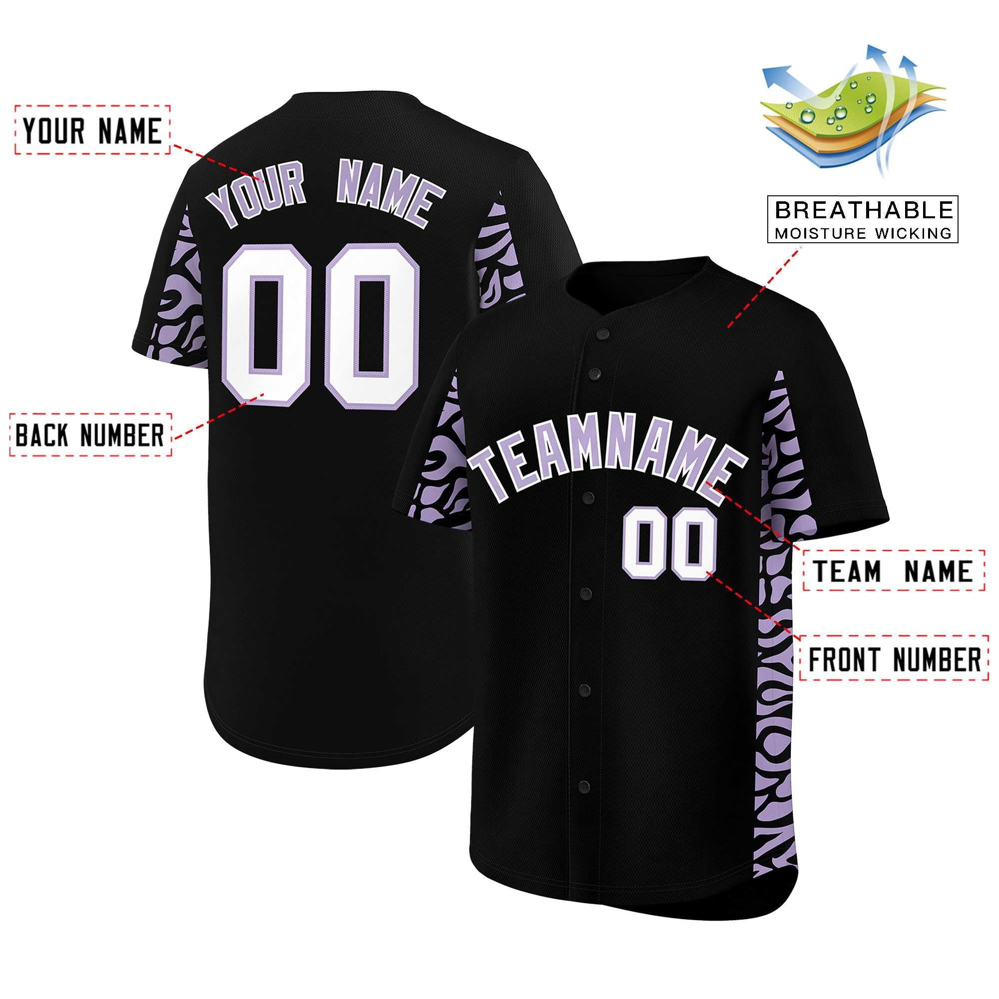 Custom Black Light Purple Personalized Leopard Graffiti Pattern Side Design Authentic Baseball Jersey