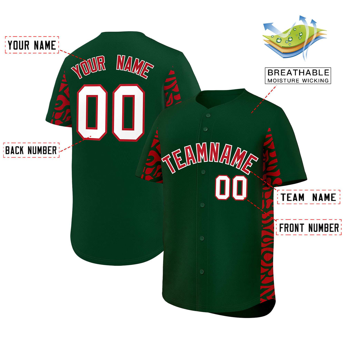 Custom Green Red Personalized Leopard Graffiti Pattern Side Design Authentic Baseball Jersey