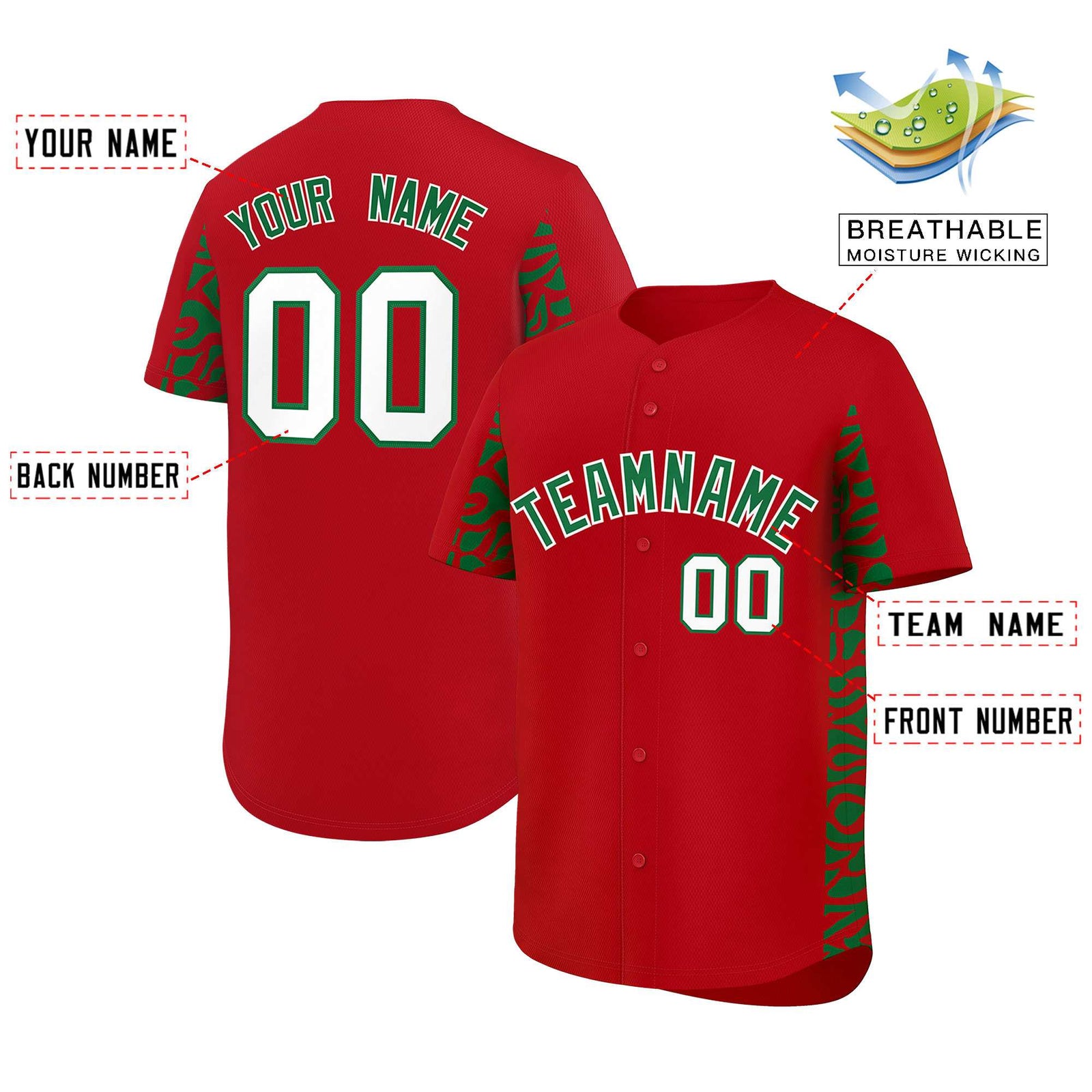 Custom Red Kelly Green Personalized Leopard Graffiti Pattern Side Design Authentic Baseball Jersey