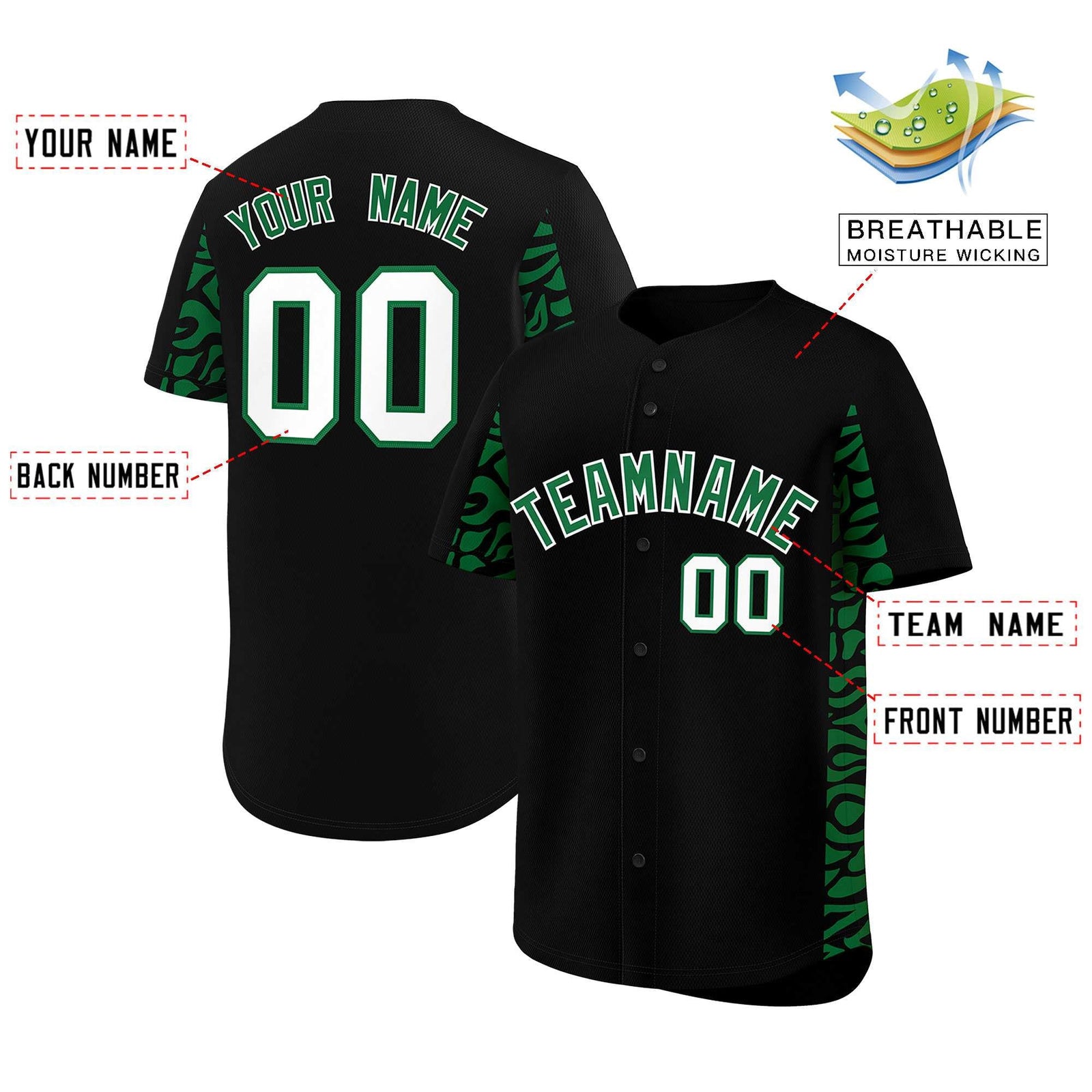 Custom Black Kelly Green Personalized Leopard Graffiti Pattern Side Design Authentic Baseball Jersey