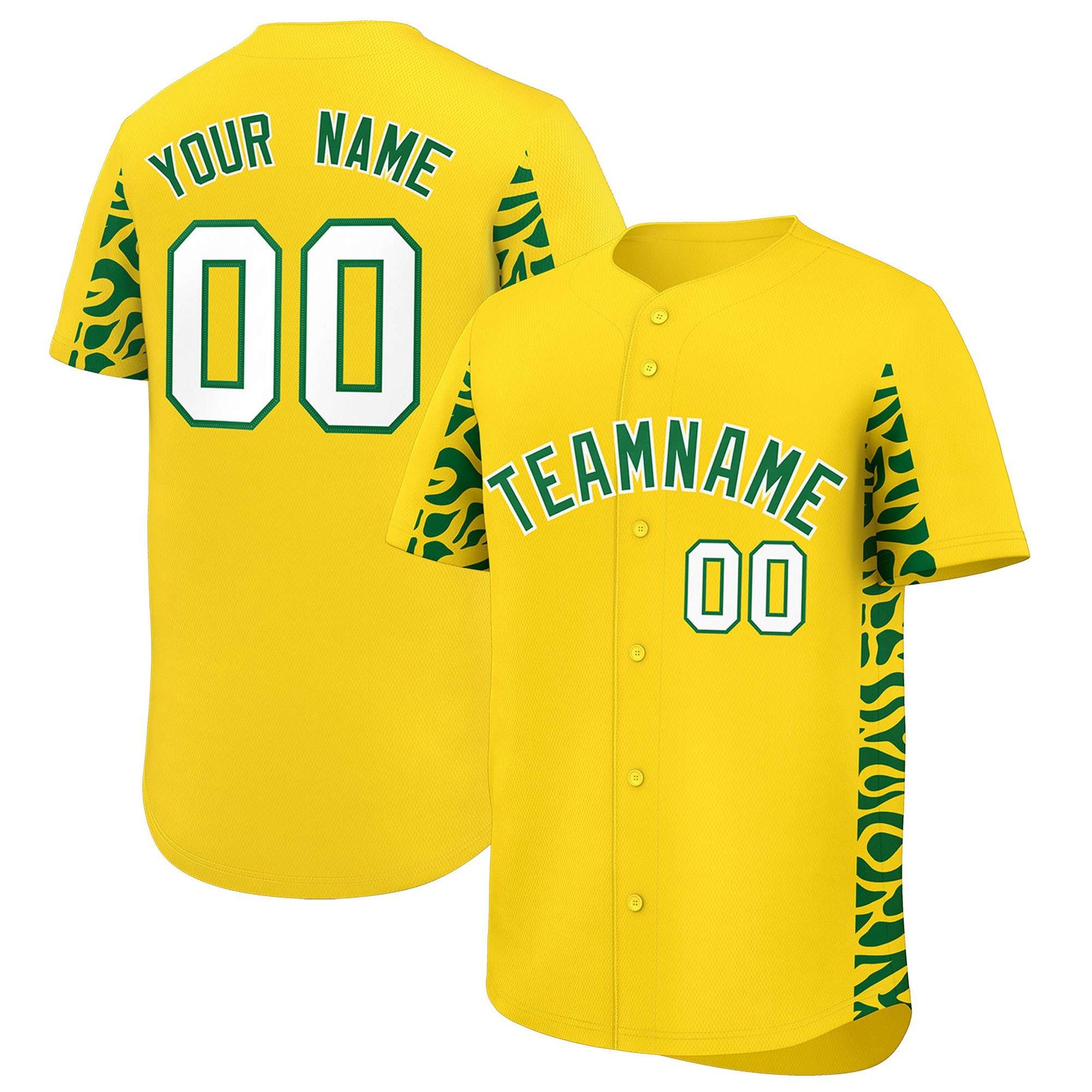 Custom Gold Kelly Green Personalized Leopard Graffiti Pattern Side Design Authentic Baseball Jersey