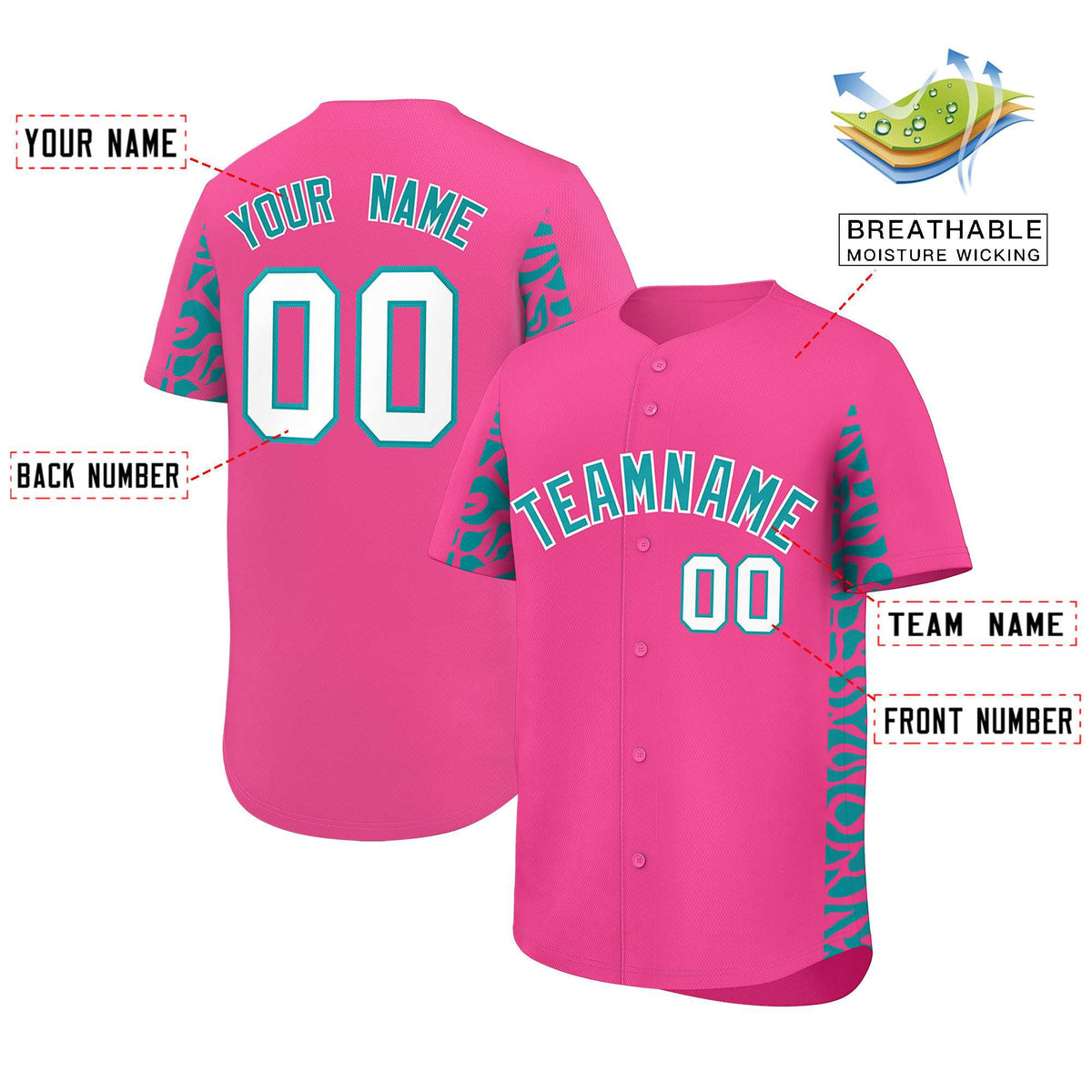 Custom Pink Aqua Personalized Leopard Graffiti Pattern Side Design Authentic Baseball Jersey