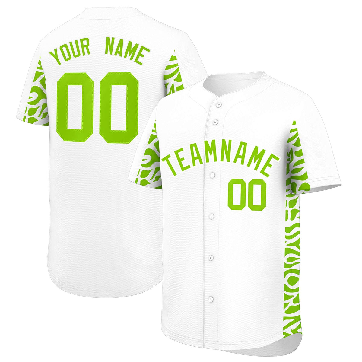 Custom White Neon Green Personalized Leopard Graffiti Pattern Side Design Authentic Baseball Jersey