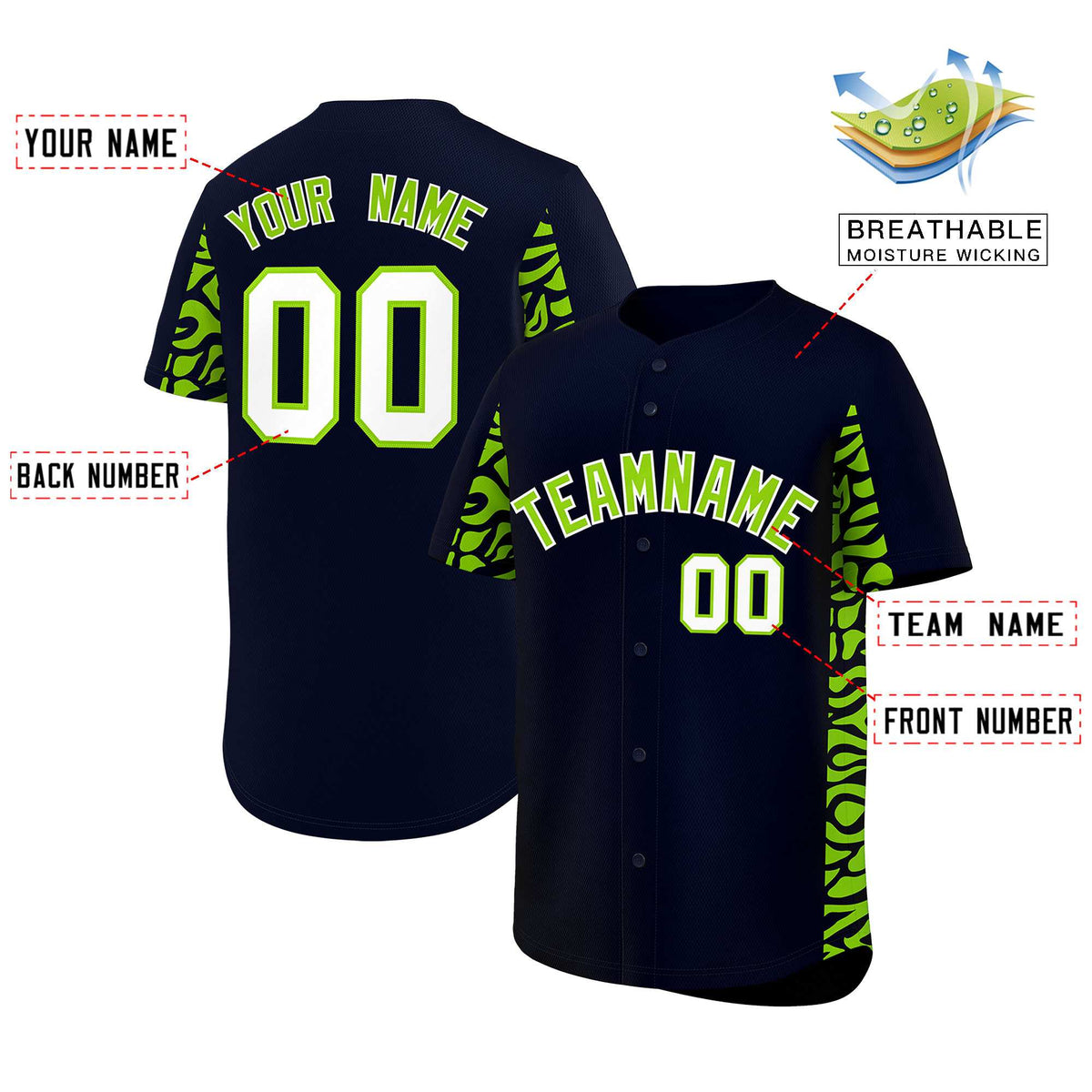 Custom Navy Neon Green Personalized Leopard Graffiti Pattern Side Design Authentic Baseball Jersey