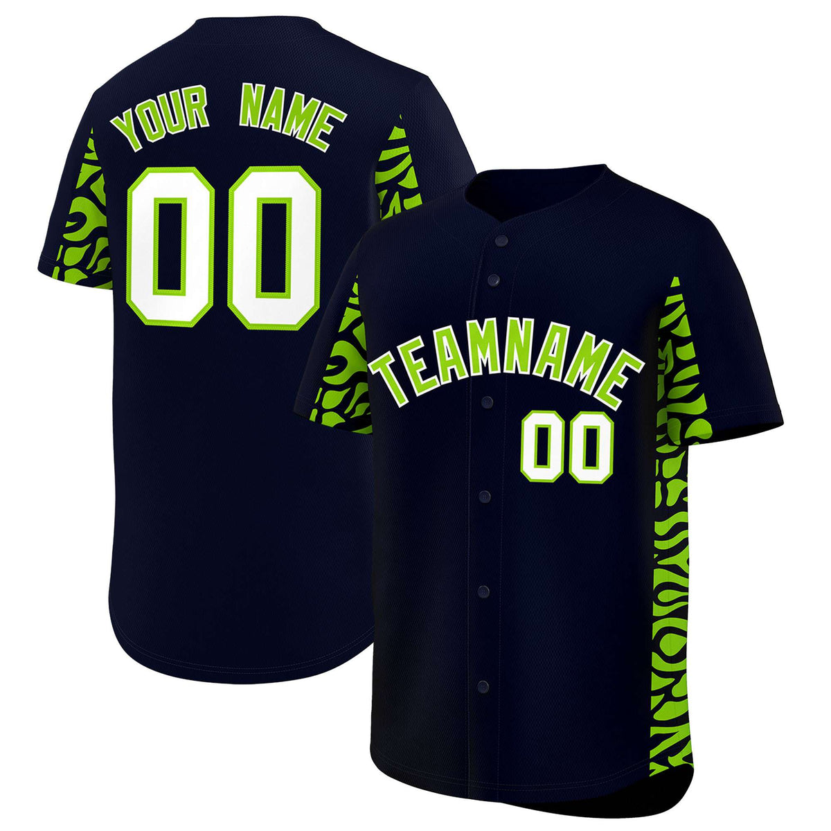 Custom Navy Neon Green Personalized Leopard Graffiti Pattern Side Design Authentic Baseball Jersey