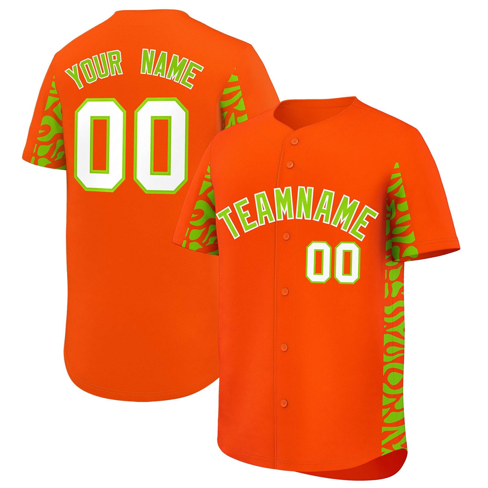 Custom Orange Neon Green Personalized Leopard Graffiti Pattern Side Design Authentic Baseball Jersey