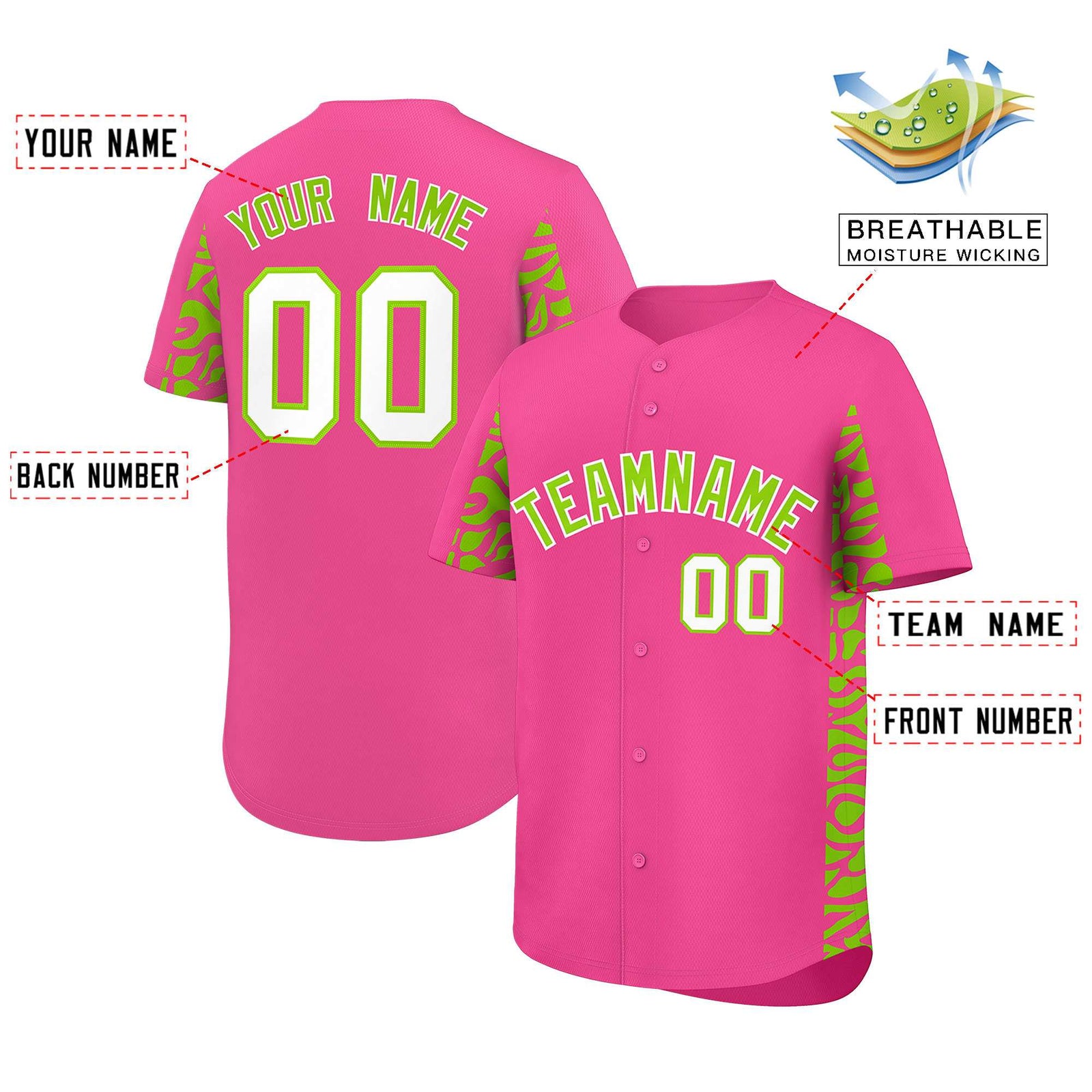Custom Pink Neon Green Personalized Leopard Graffiti Pattern Side Design Authentic Baseball Jersey