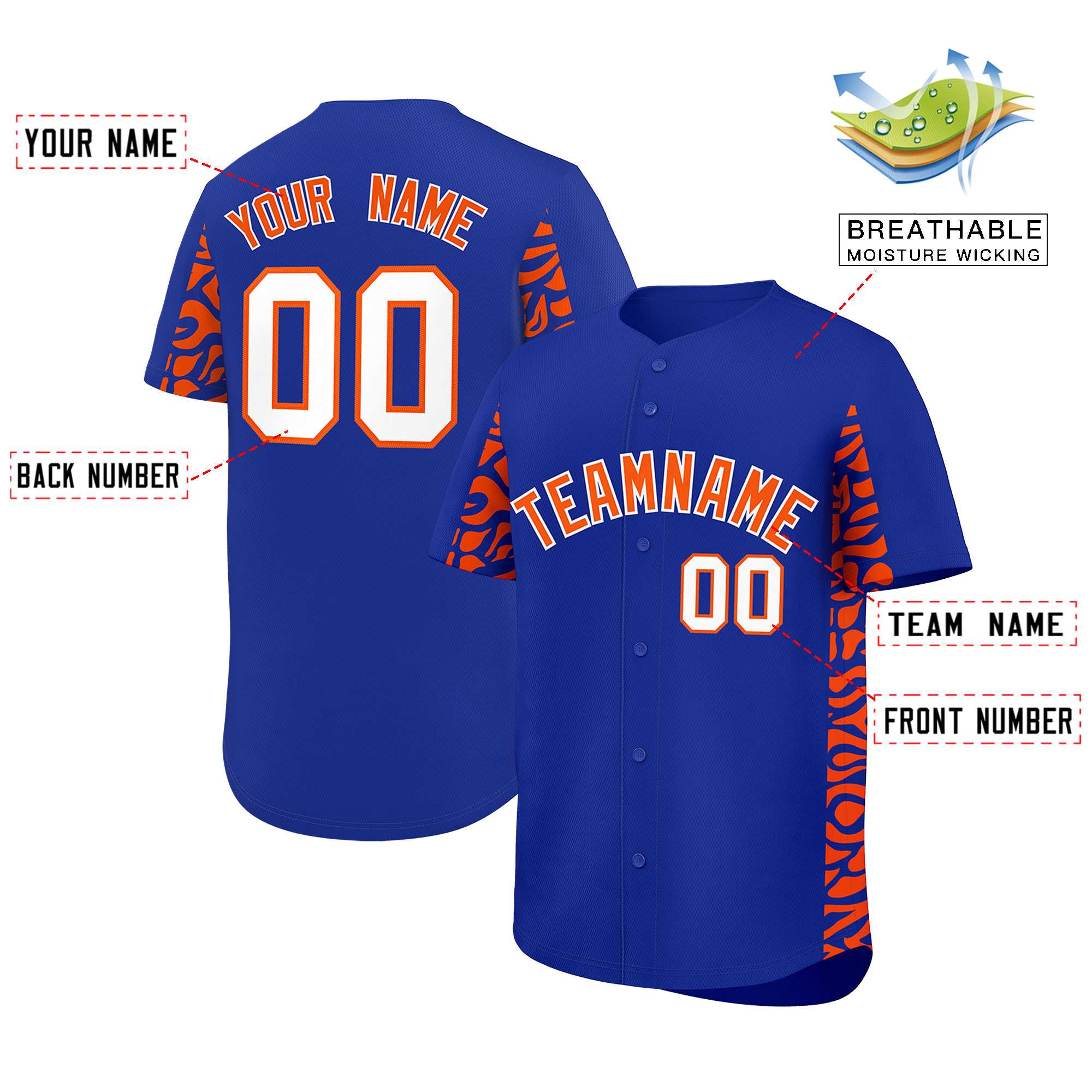 Custom Royal Orange Personalized Leopard Graffiti Pattern Side Design Authentic Baseball Jersey