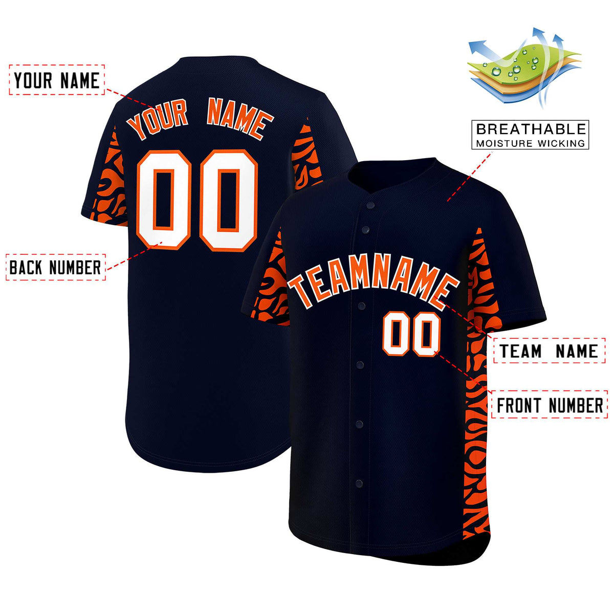 Custom Navy Orange Personalized Leopard Graffiti Pattern Side Design Authentic Baseball Jersey