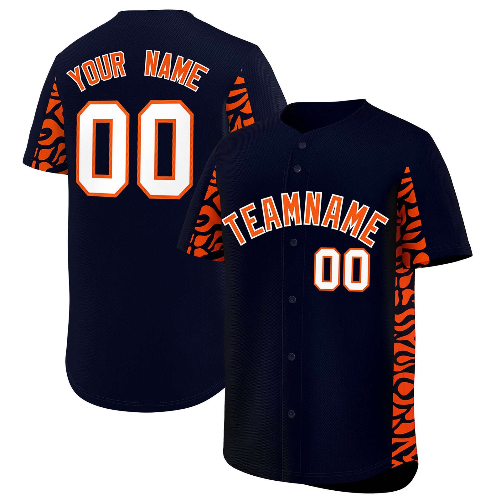 Custom Navy Orange Personalized Leopard Graffiti Pattern Side Design Authentic Baseball Jersey