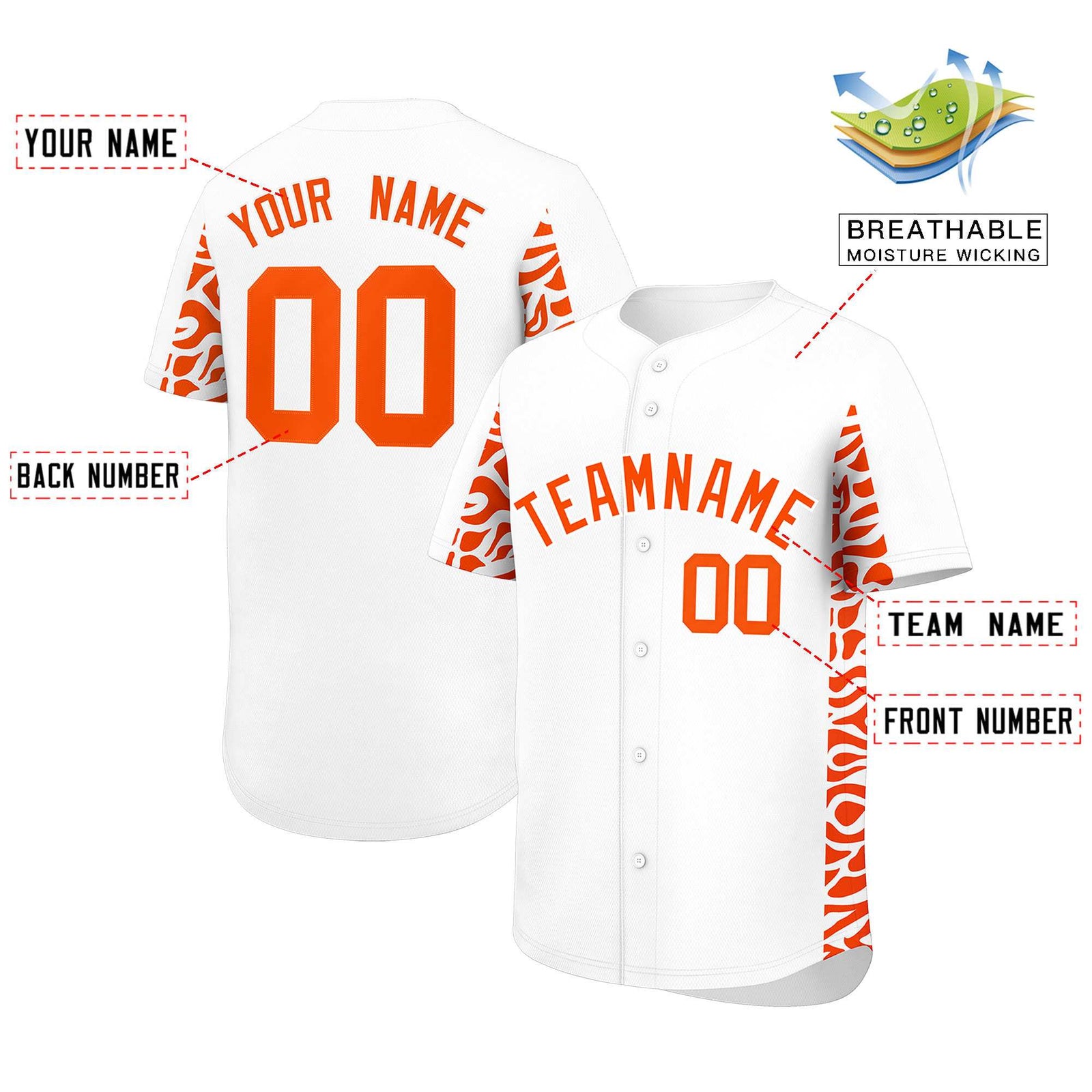 Custom White Orange Personalized Leopard Graffiti Pattern Side Design Authentic Baseball Jersey