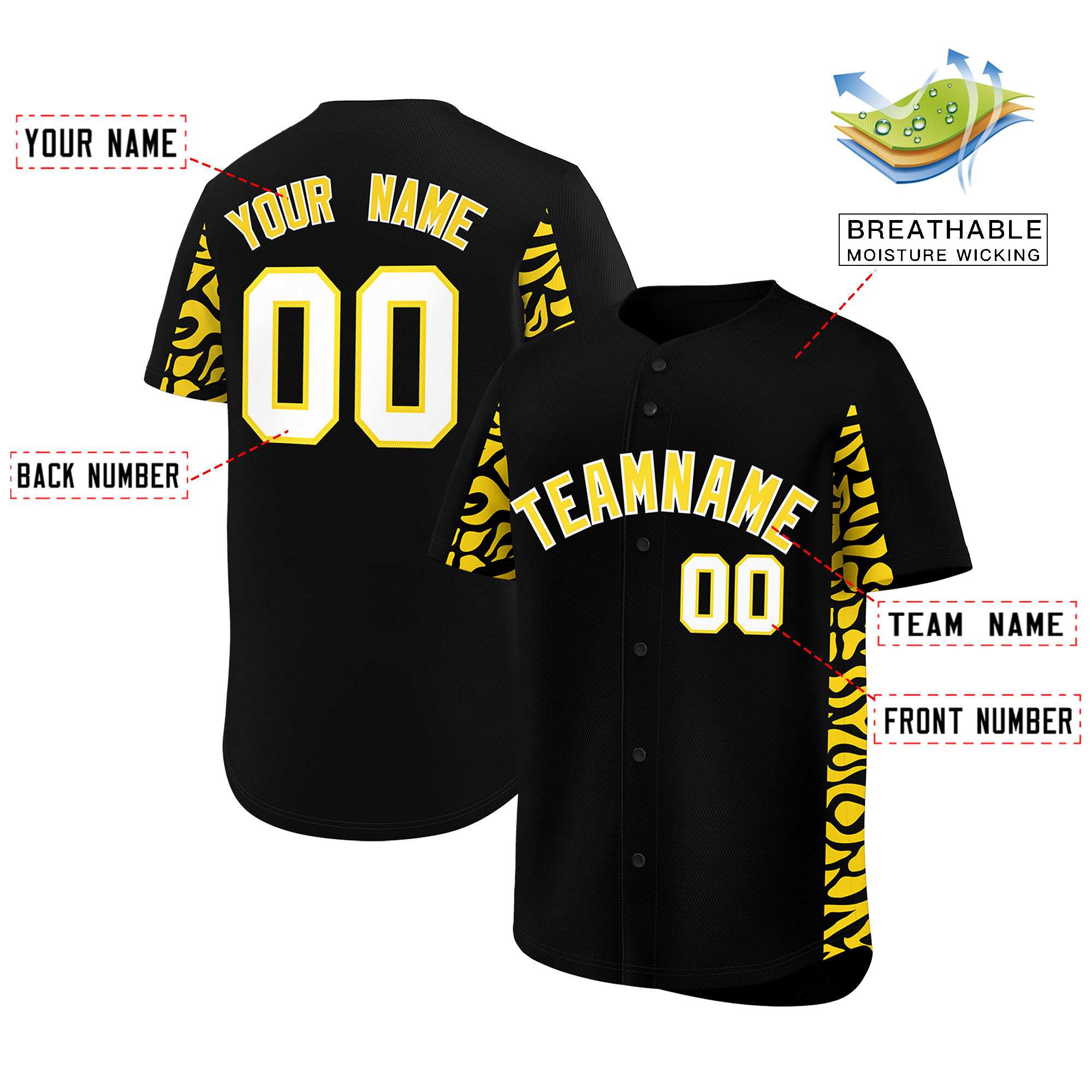 Custom Black Gold Personalized Leopard Graffiti Pattern Side Design Authentic Baseball Jersey