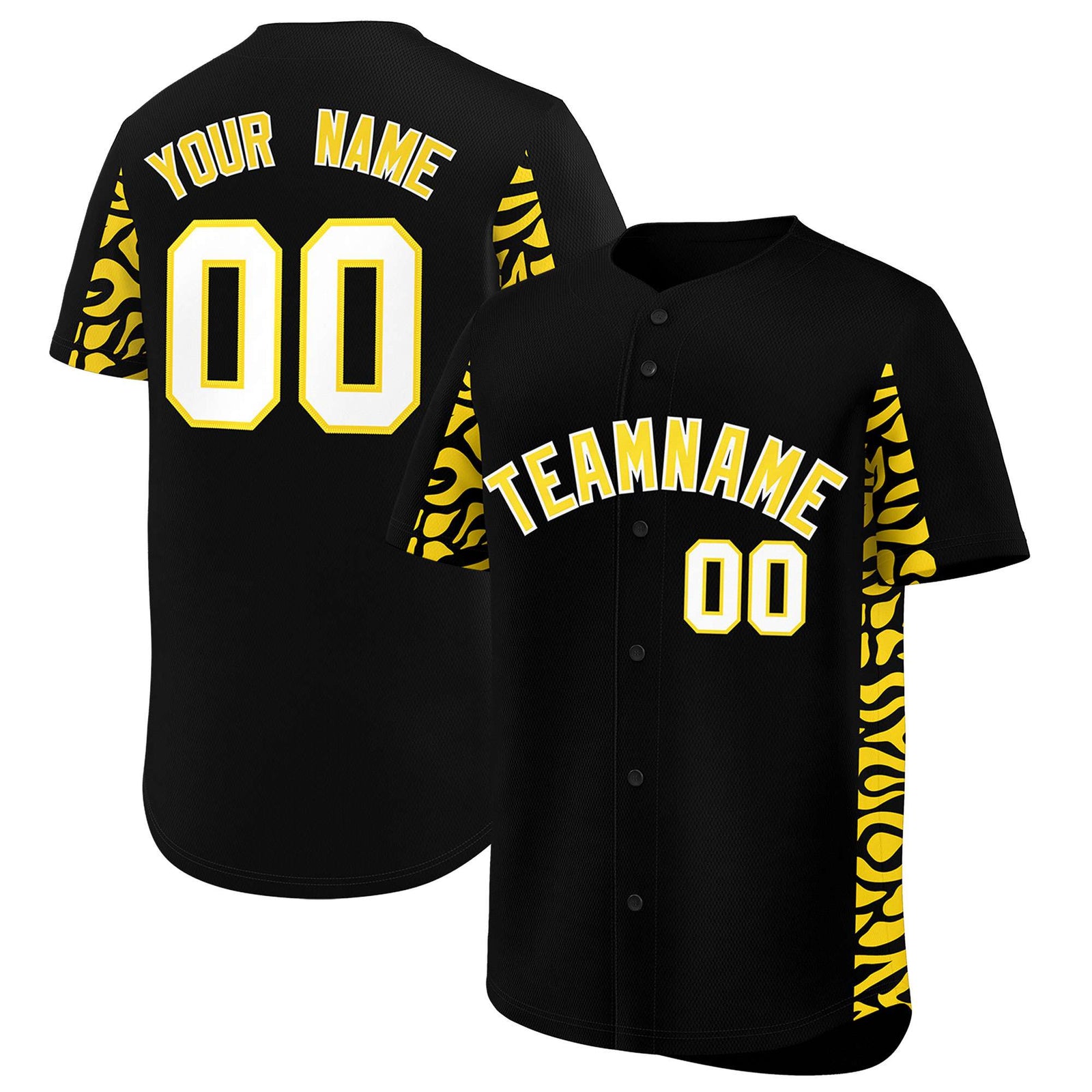 Custom Black Gold Personalized Leopard Graffiti Pattern Side Design Authentic Baseball Jersey