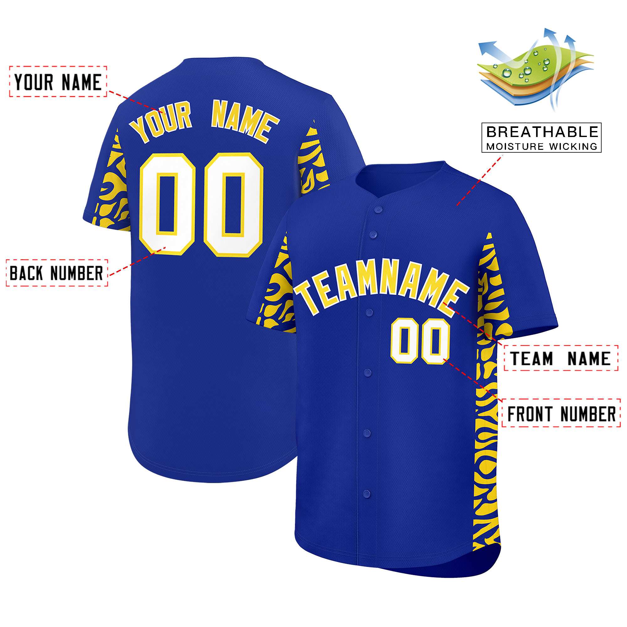Custom Royal Gold Personalized Leopard Graffiti Pattern Side Design Authentic Baseball Jersey