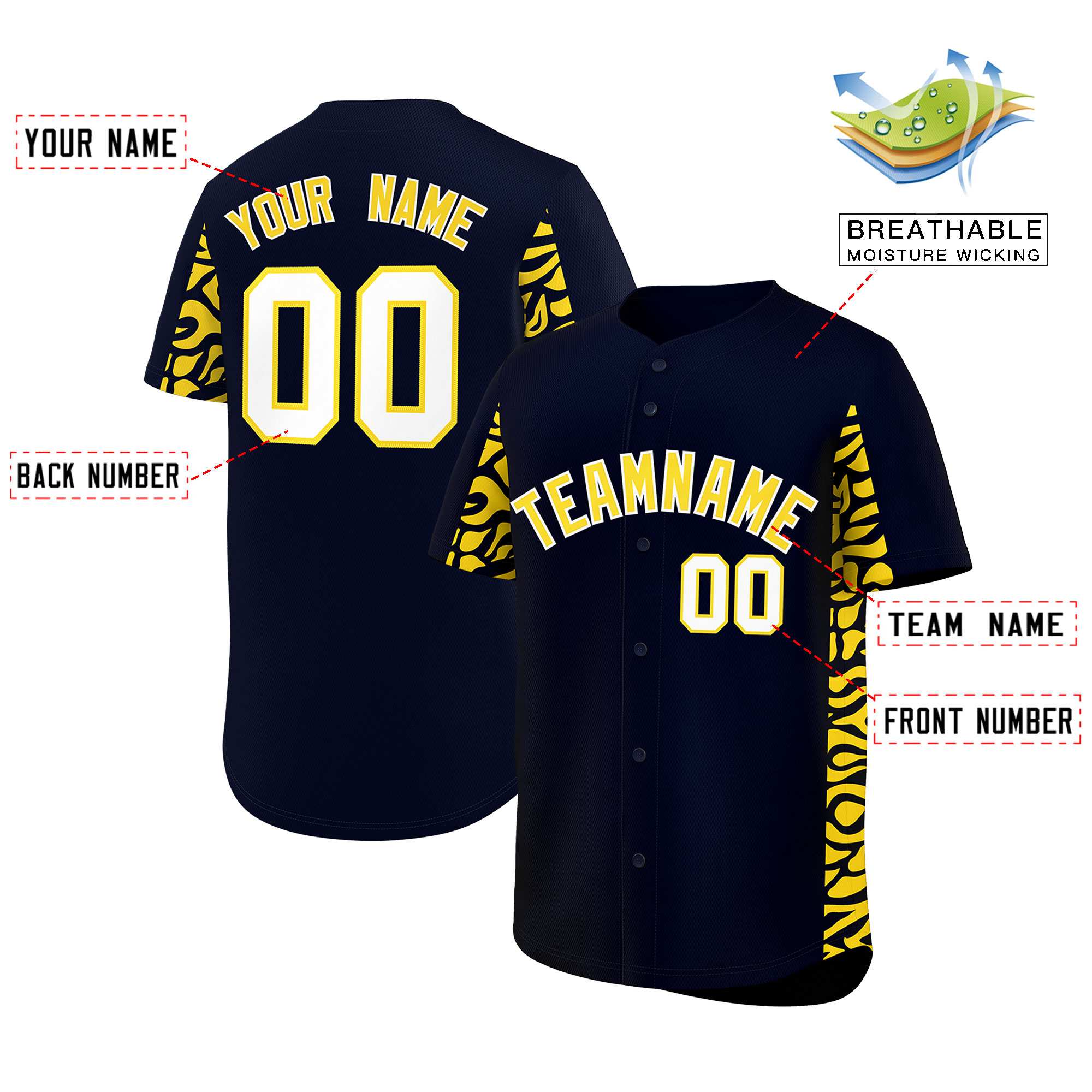 Custom Navy Gold Personalized Leopard Graffiti Pattern Side Design Authentic Baseball Jersey