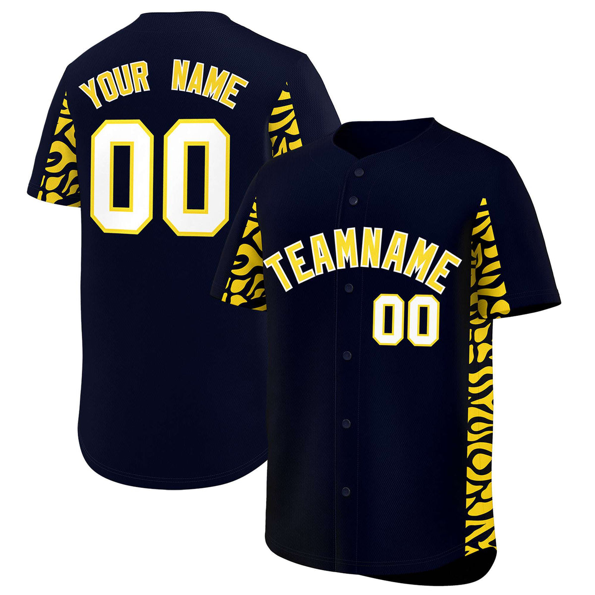 Custom Navy Gold Personalized Leopard Graffiti Pattern Side Design Authentic Baseball Jersey