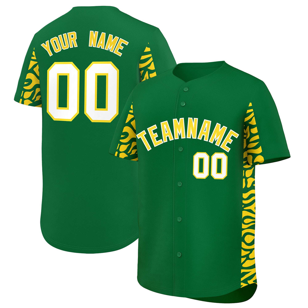 Custom Kelly Green Gold Personalized Leopard Graffiti Pattern Side Design Authentic Baseball Jersey