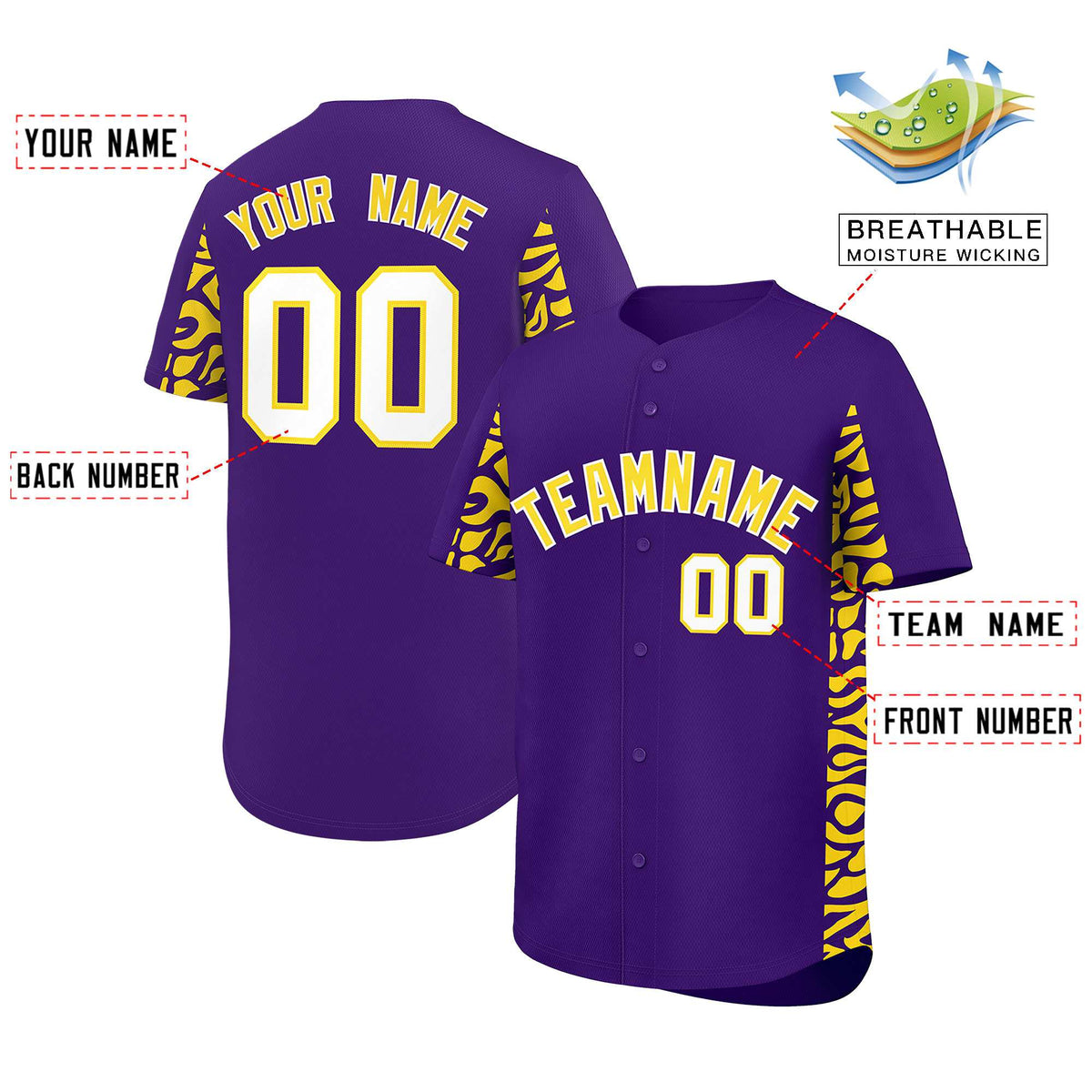 Custom Purple Gold Personalized Leopard Graffiti Pattern Side Design Authentic Baseball Jersey