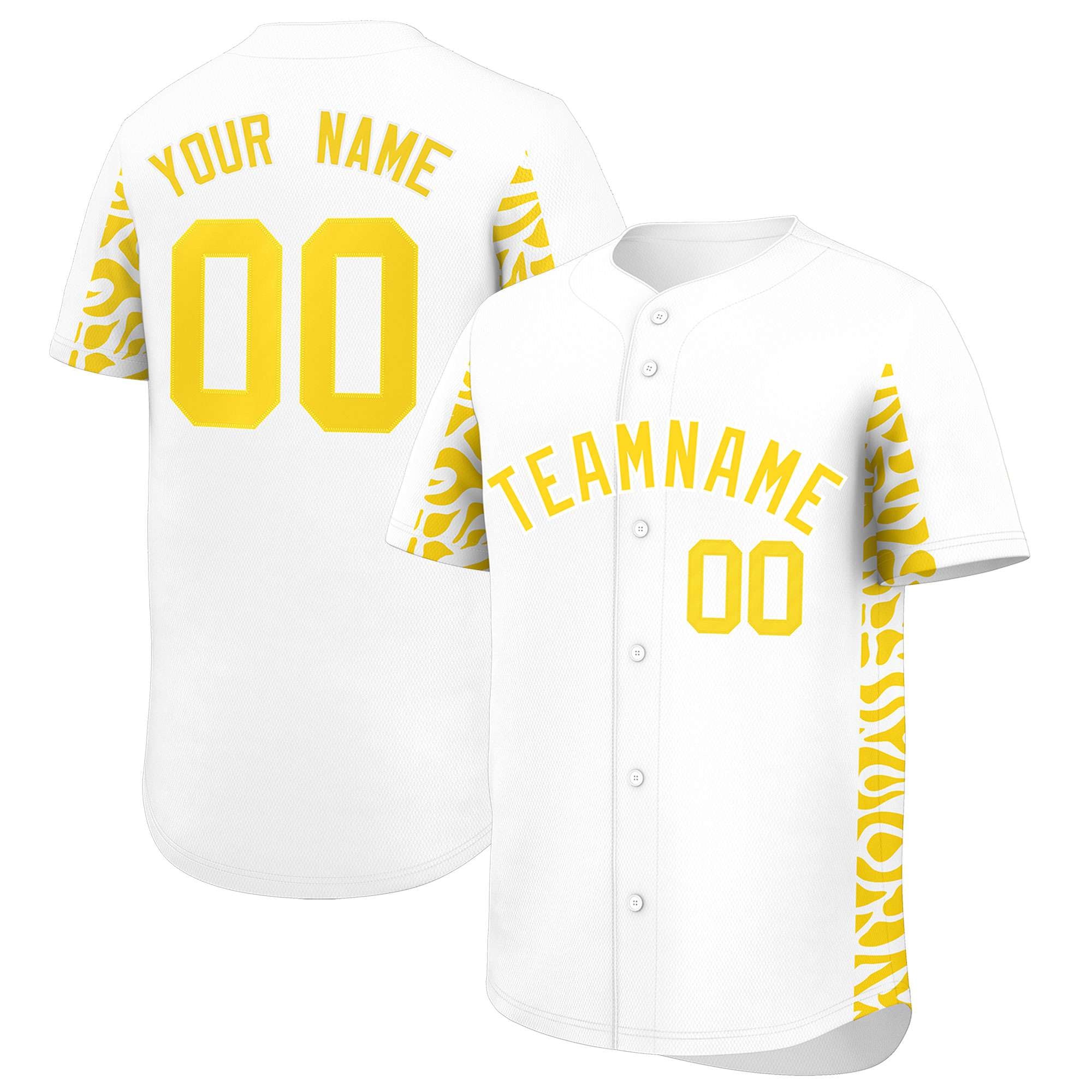Custom White Gold Personalized Leopard Graffiti Pattern Side Design Authentic Baseball Jersey