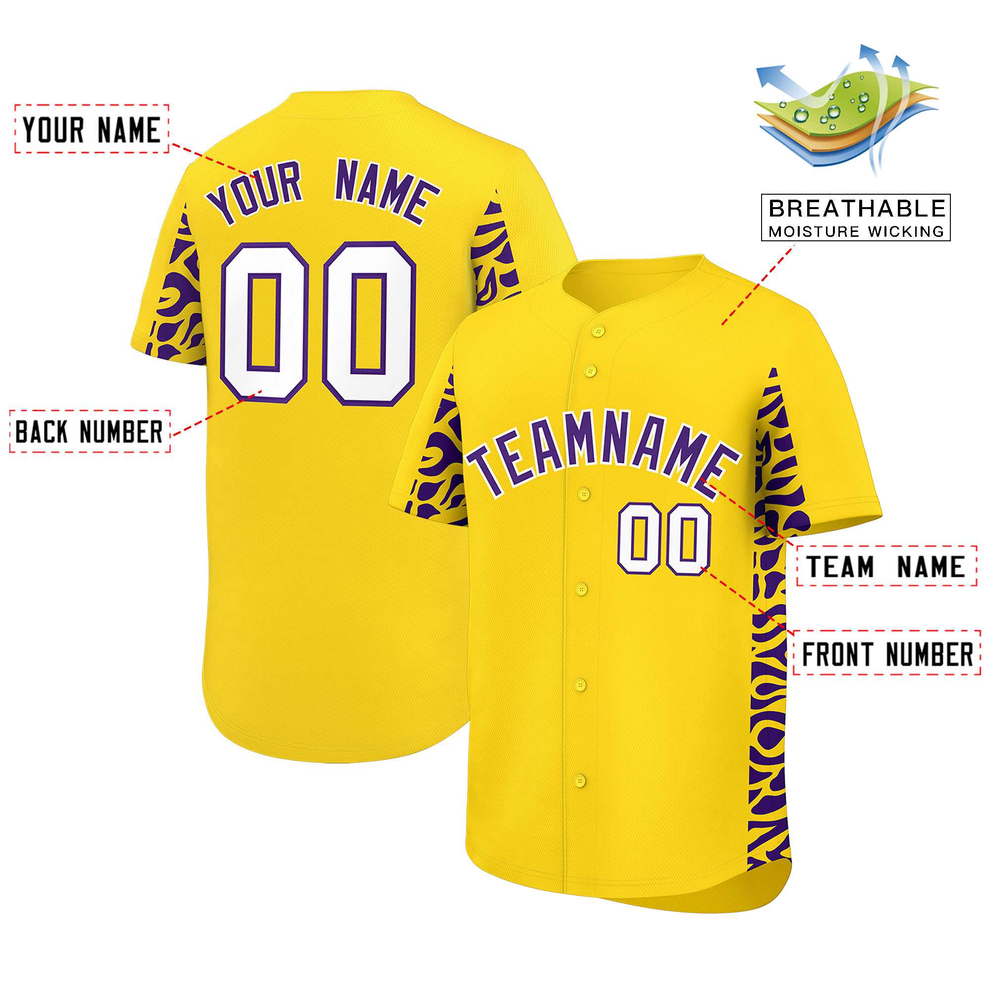 Custom Gold Purple Personalized Leopard Graffiti Pattern Side Design Authentic Baseball Jersey
