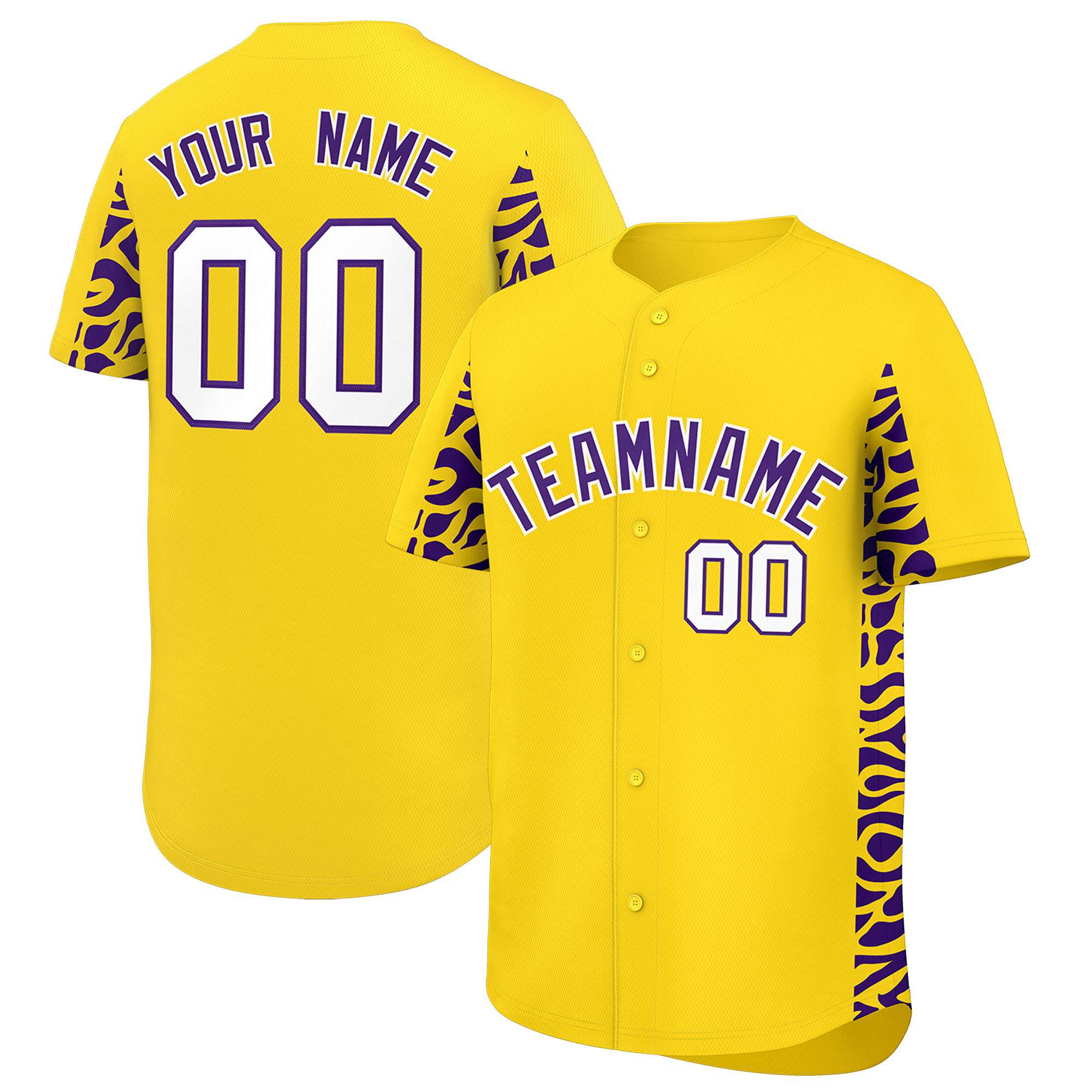 Custom Gold Purple Personalized Leopard Graffiti Pattern Side Design Authentic Baseball Jersey