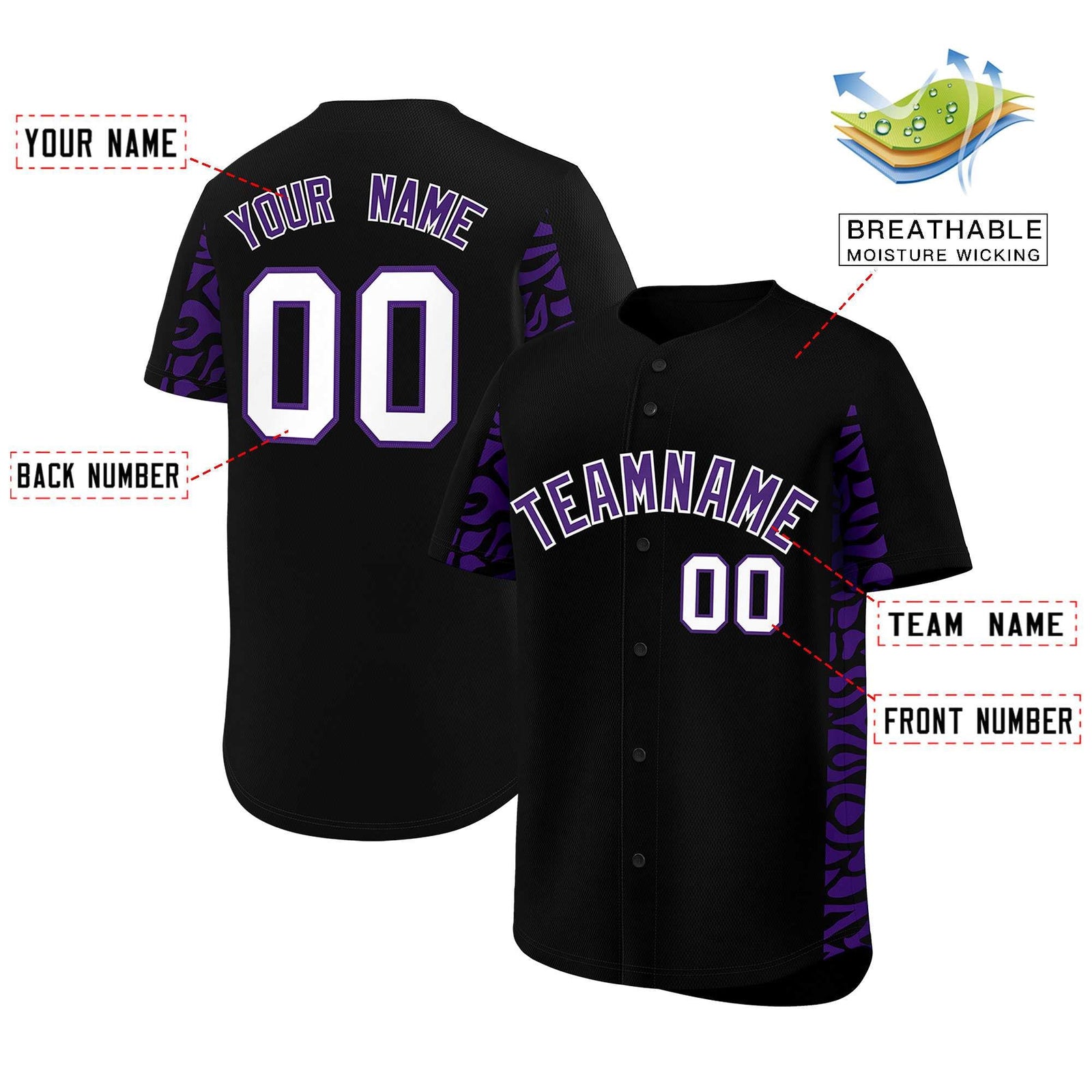 Custom Black Purple Personalized Leopard Graffiti Pattern Side Design Authentic Baseball Jersey