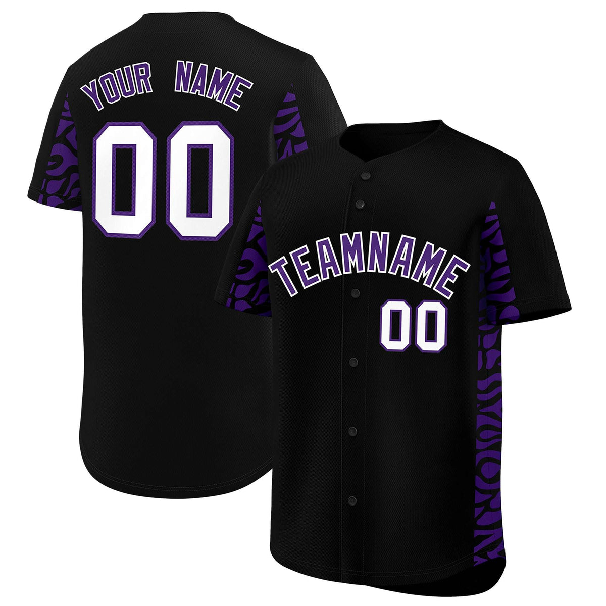 Custom Black Purple Personalized Leopard Graffiti Pattern Side Design Authentic Baseball Jersey
