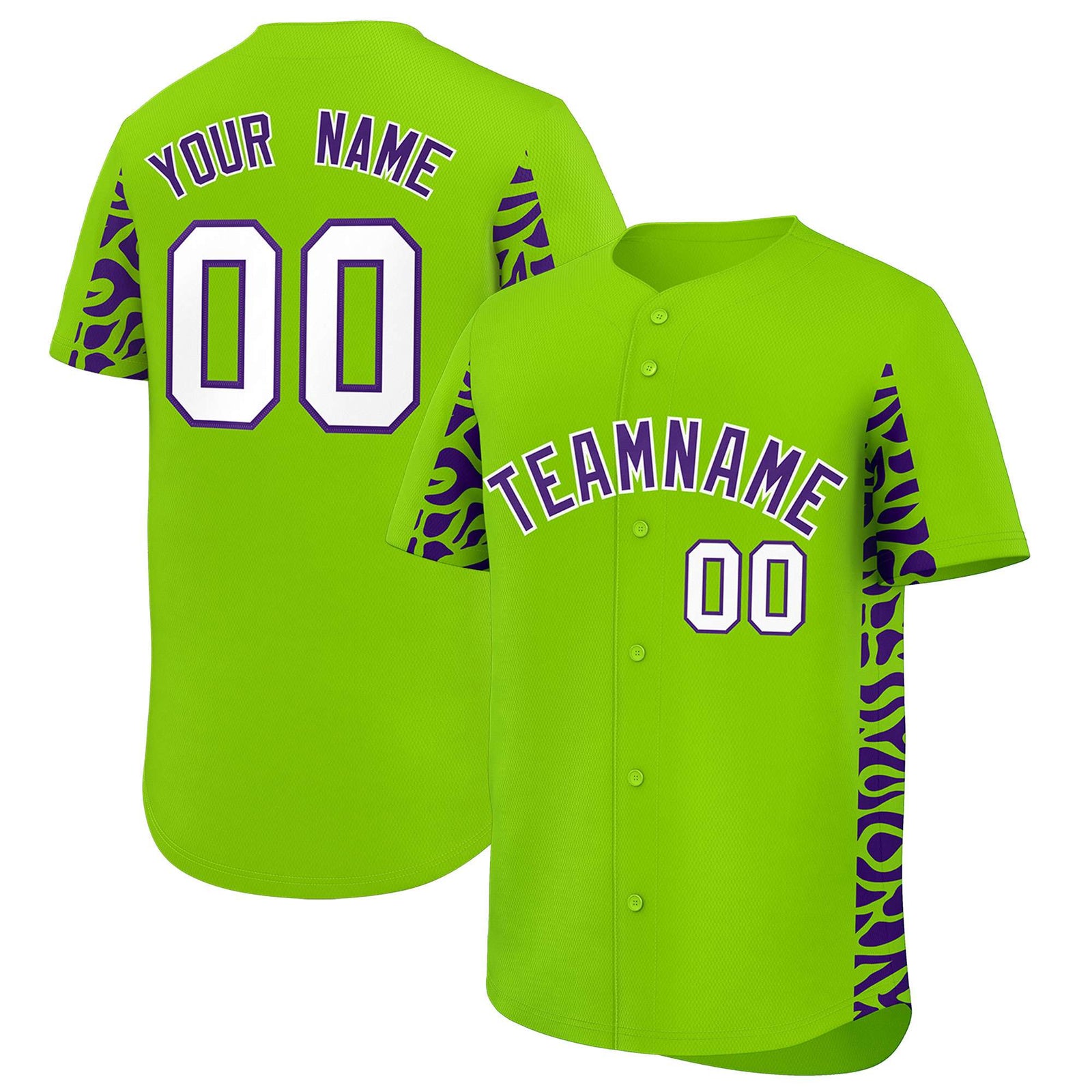 Custom Neon Green Purple Personalized Leopard Graffiti Pattern Side Design Authentic Baseball Jersey