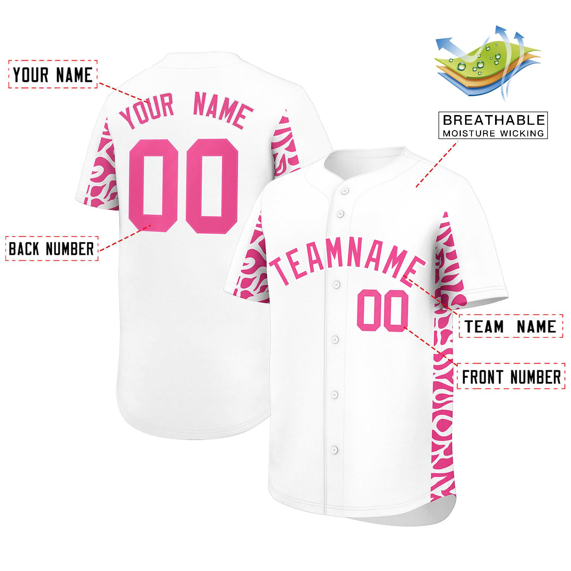 Custom White Pink Personalized Leopard Graffiti Pattern Side Design Authentic Baseball Jersey