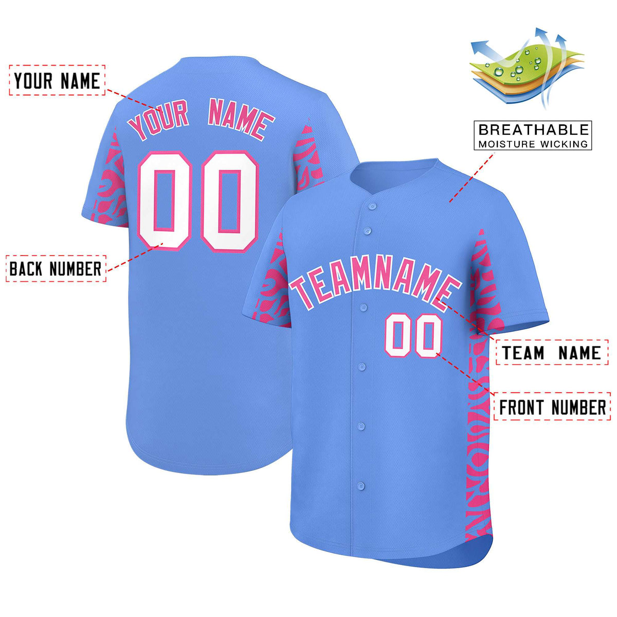 Custom Powder Blue Pink Personalized Leopard Graffiti Pattern Side Design Authentic Baseball Jersey