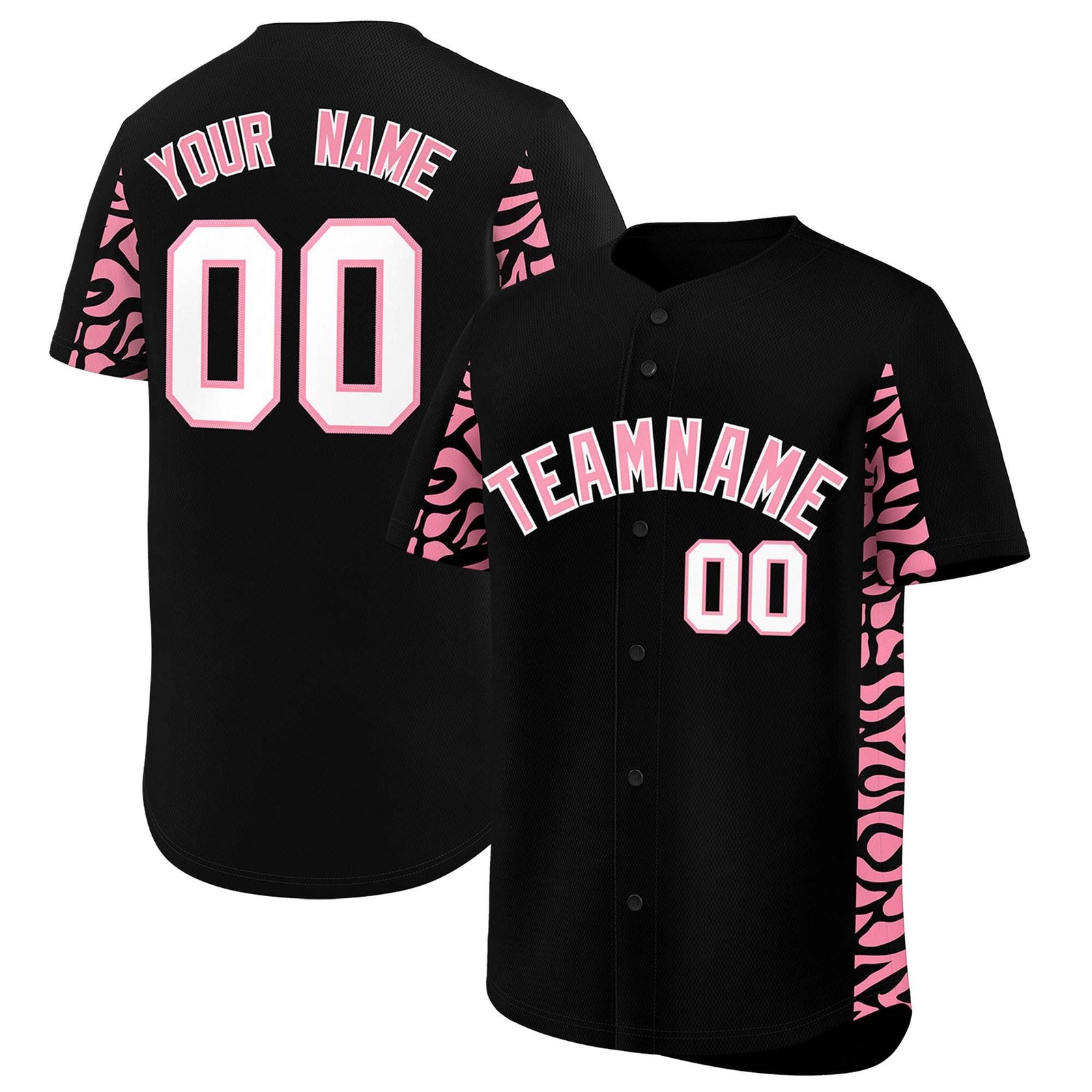 Custom Black Light Pink Personalized Leopard Graffiti Pattern Side Design Authentic Baseball Jersey