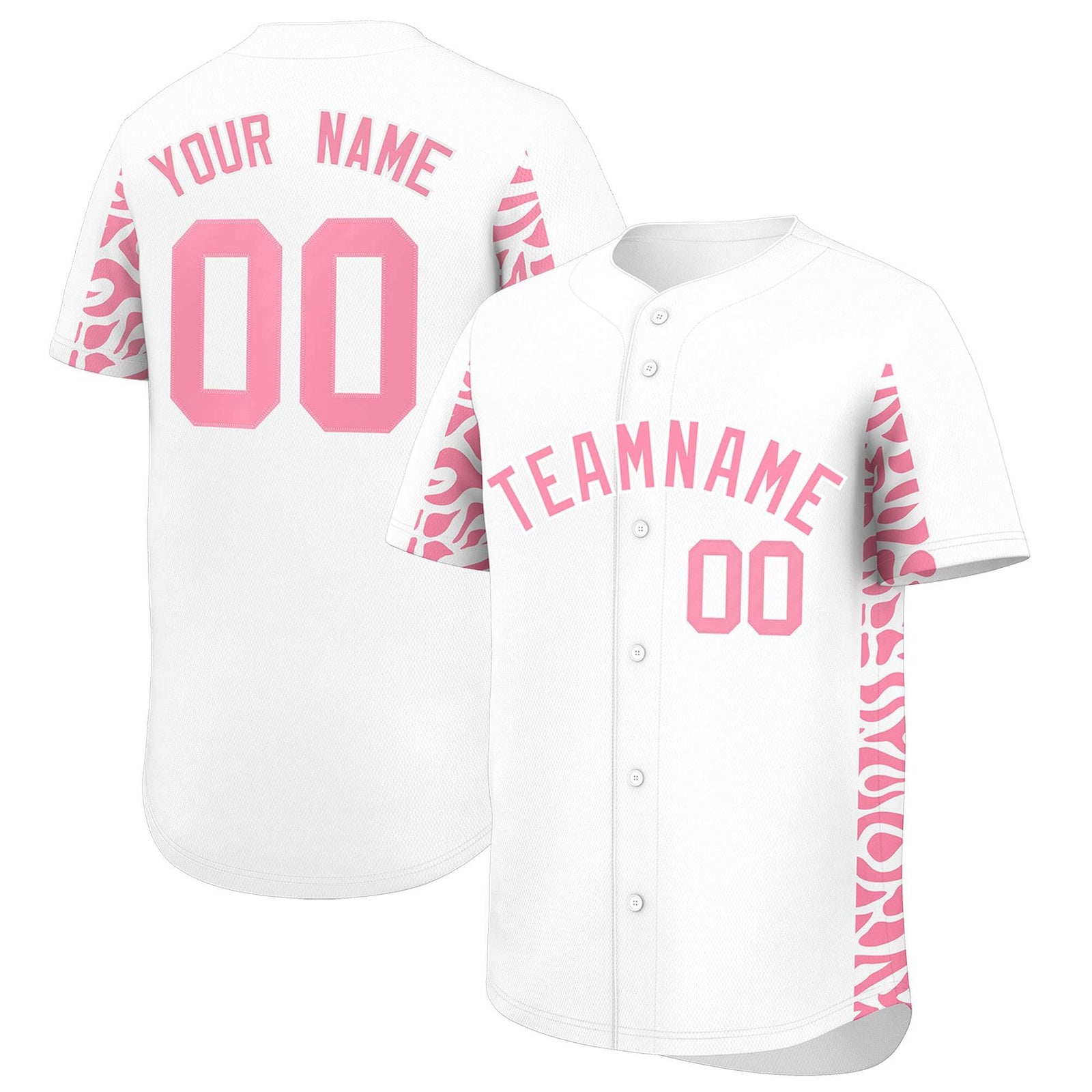 Custom White Light Pink Personalized Leopard Graffiti Pattern Side Design Authentic Baseball Jersey