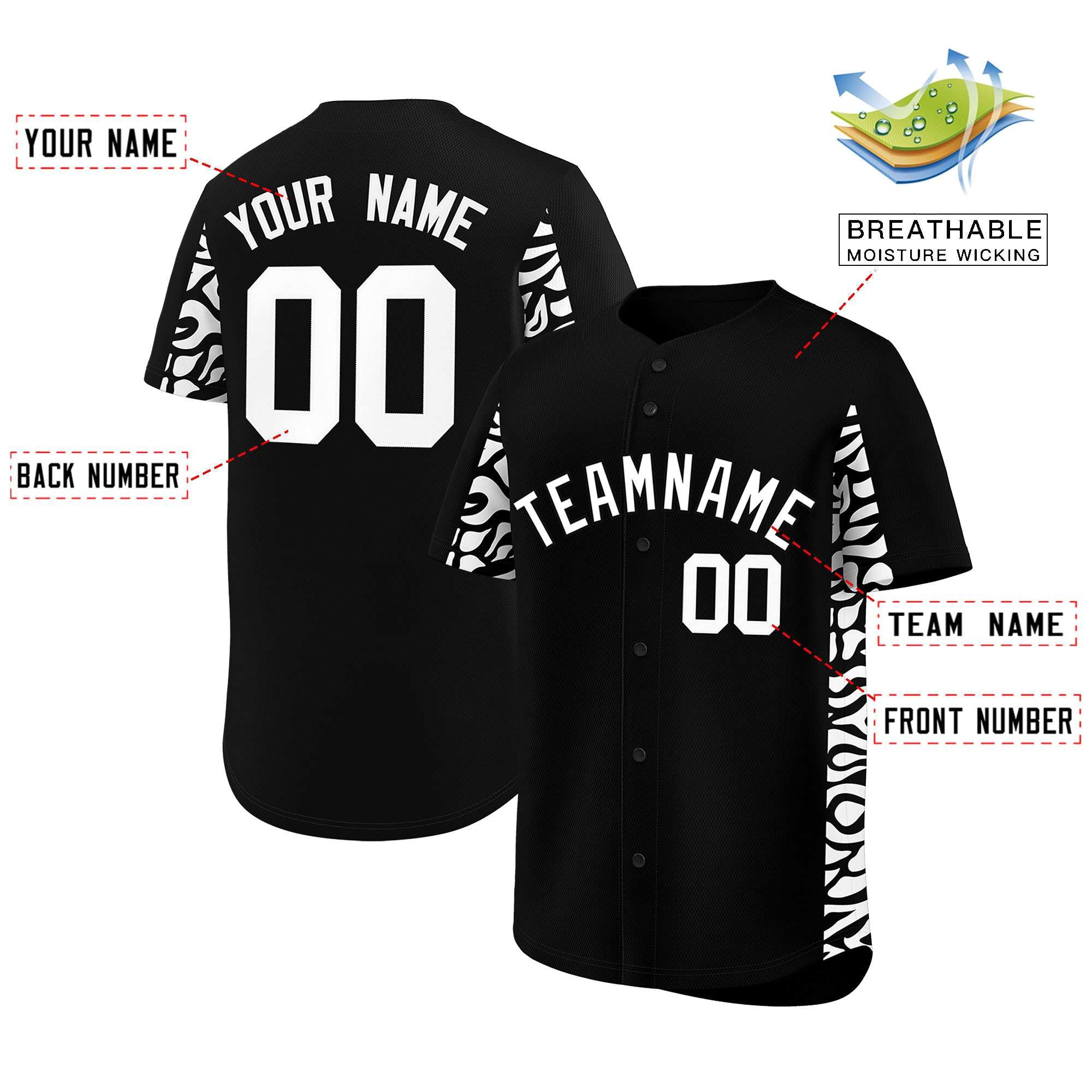 Custom Black White Personalized Leopard Graffiti Pattern Side Design Authentic Baseball Jersey