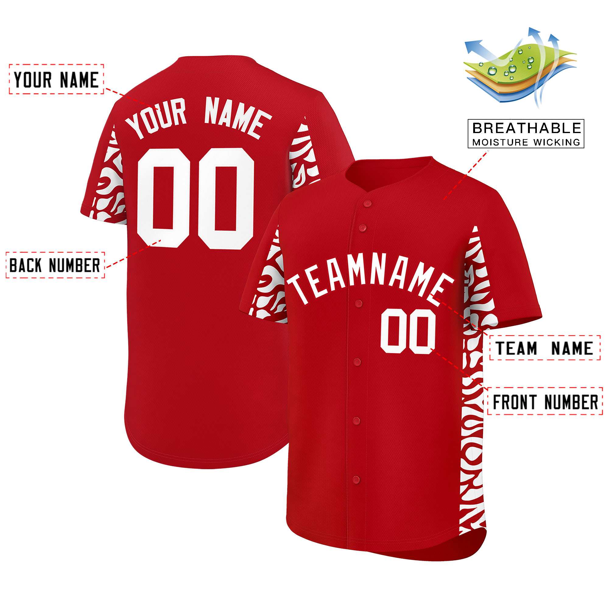 Custom Red White Personalized Leopard Graffiti Pattern Side Design Authentic Baseball Jersey