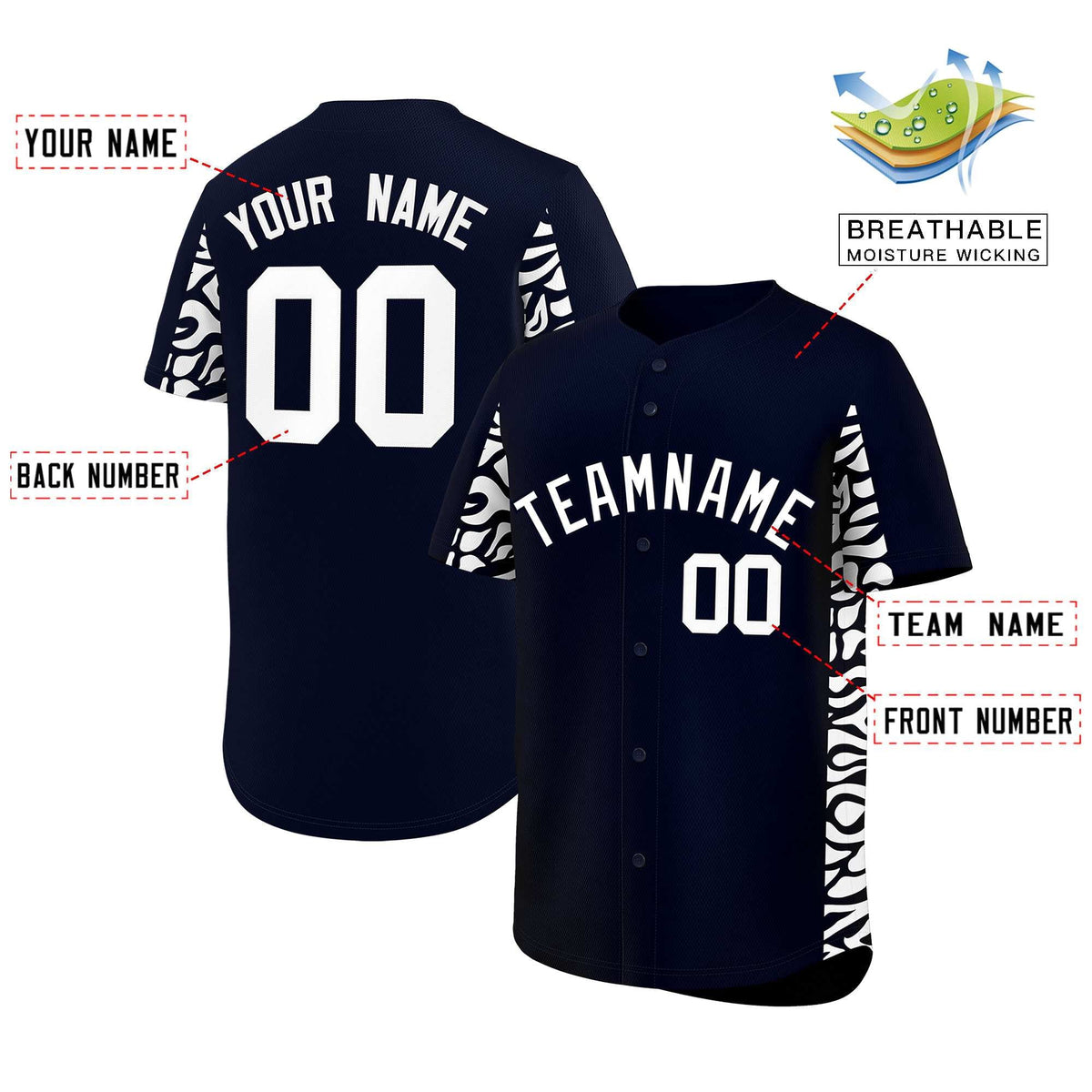 Custom Navy White Personalized Leopard Graffiti Pattern Side Design Authentic Baseball Jersey