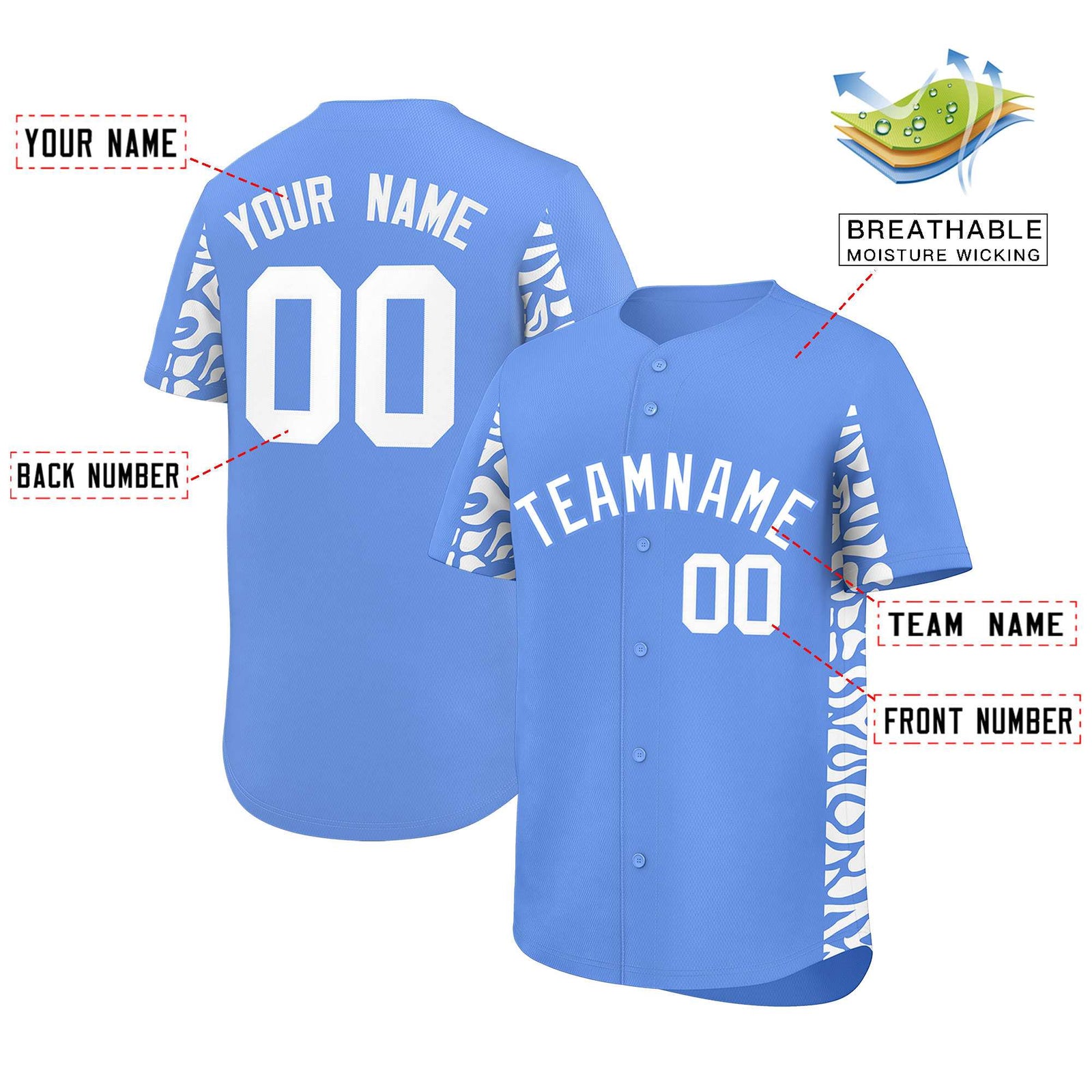 Custom Powder Blue White Personalized Leopard Graffiti Pattern Side Design Authentic Baseball Jersey