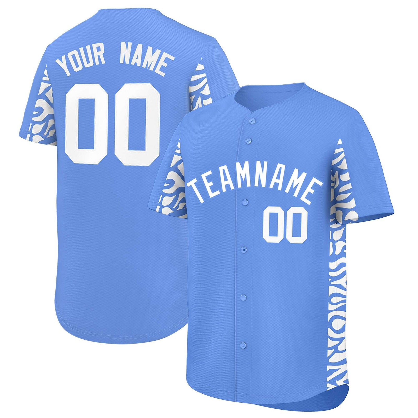 Custom Powder Blue White Personalized Leopard Graffiti Pattern Side Design Authentic Baseball Jersey