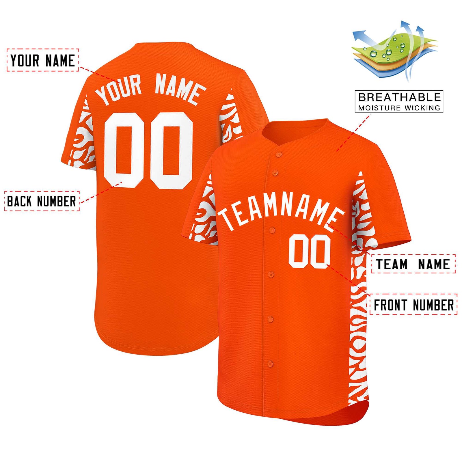 Custom Orange White Personalized Leopard Graffiti Pattern Side Design Authentic Baseball Jersey