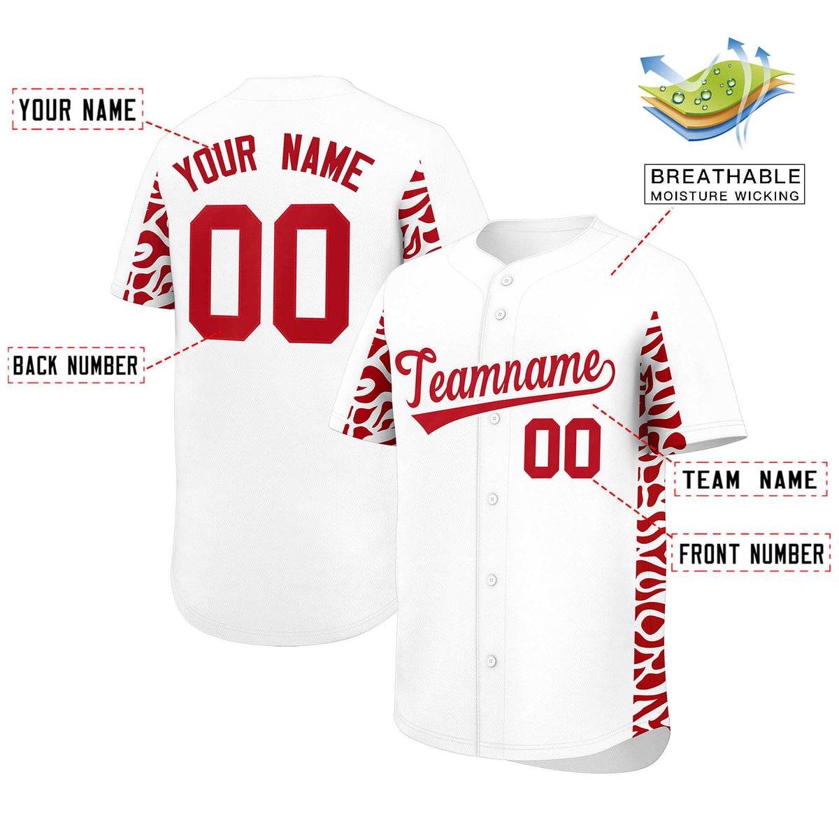 Custom White Red Personalized Leopard Graffiti Pattern Side Design Authentic Baseball Jersey