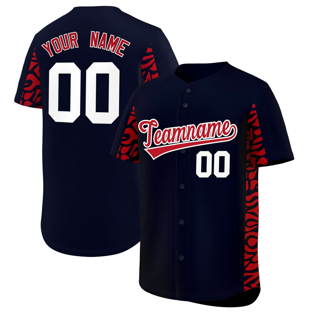 Custom Navy Red Personalized Leopard Graffiti Pattern Side Design Authentic Baseball Jersey