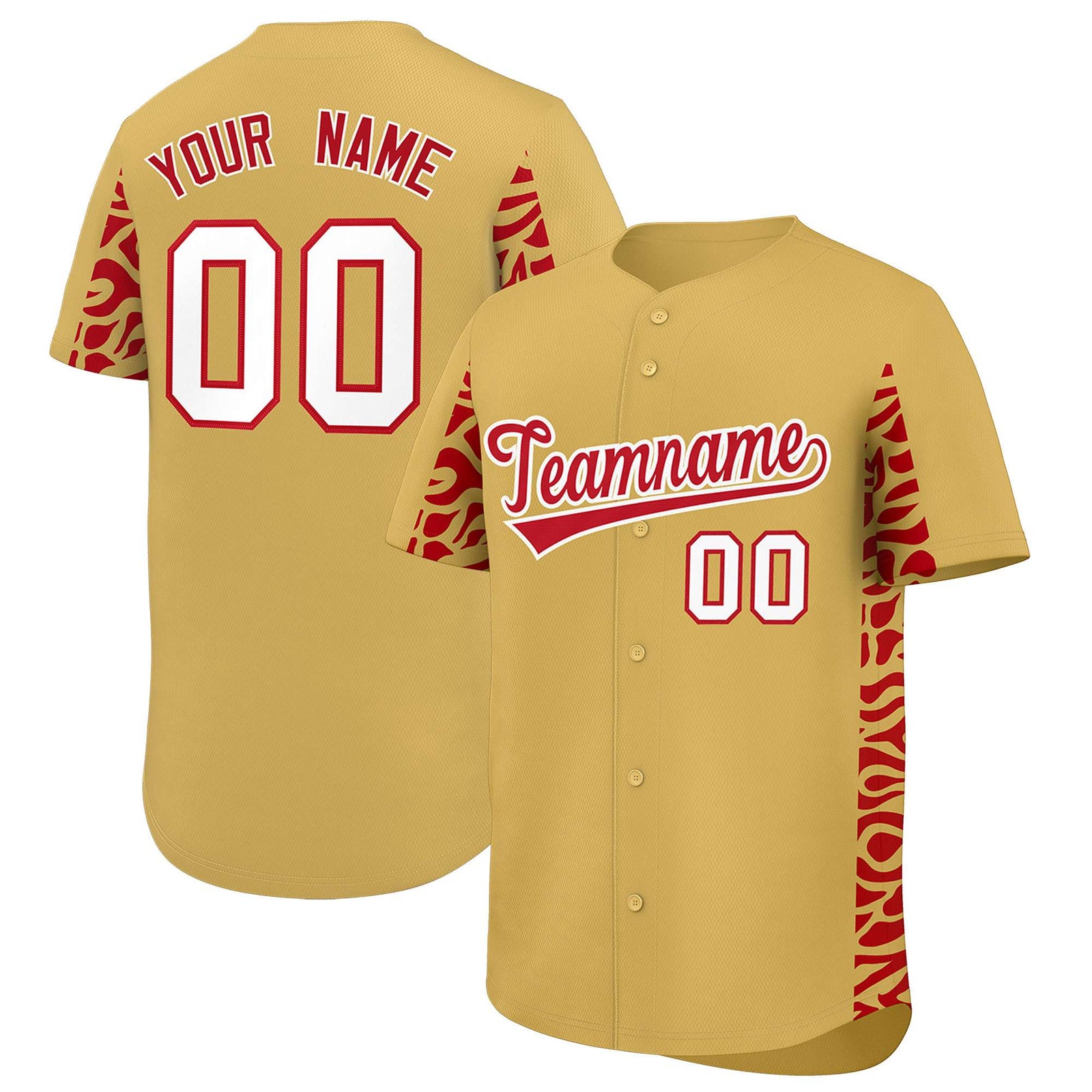Custom Old Gold Red Personalized Leopard Graffiti Pattern Side Design Authentic Baseball Jersey