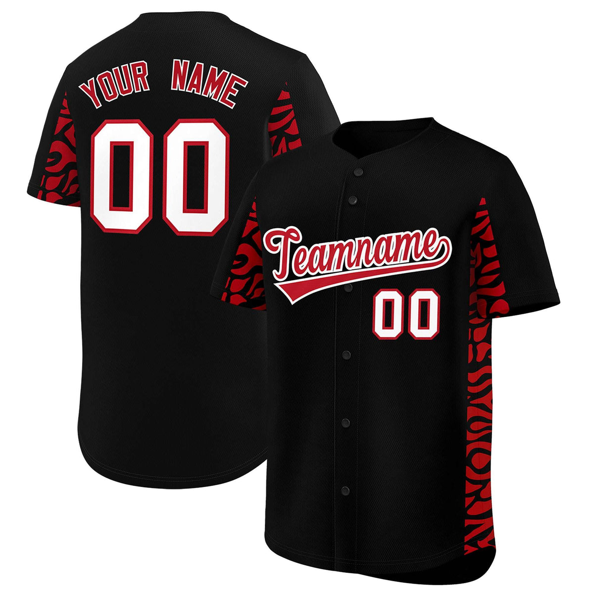 Custom Black Red Personalized Leopard Graffiti Pattern Side Design Authentic Baseball Jersey