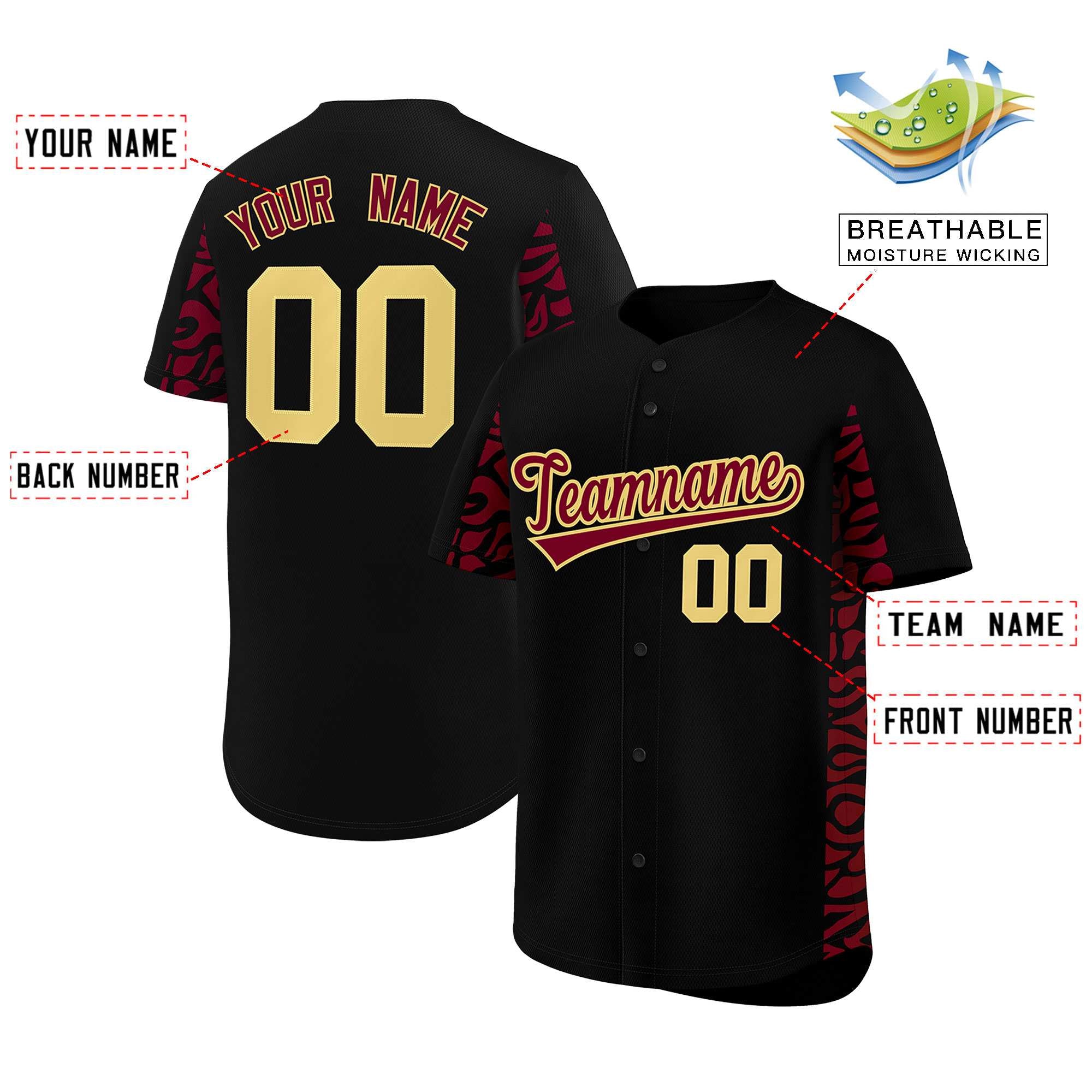 Custom Black Crimson Personalized Leopard Graffiti Pattern Side Design Authentic Baseball Jersey