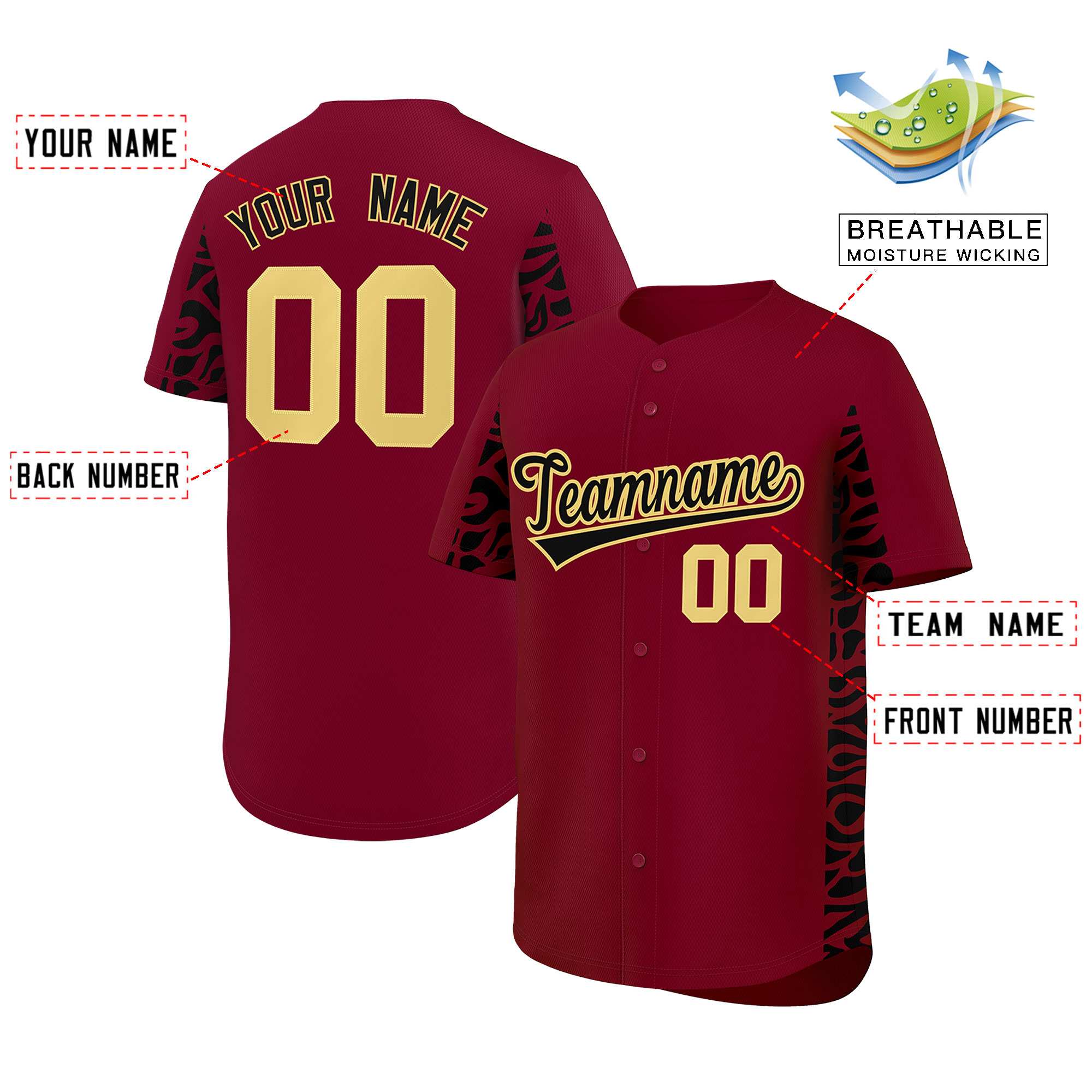Custom Crimson Black Personalized Leopard Graffiti Pattern Side Design Authentic Baseball Jersey